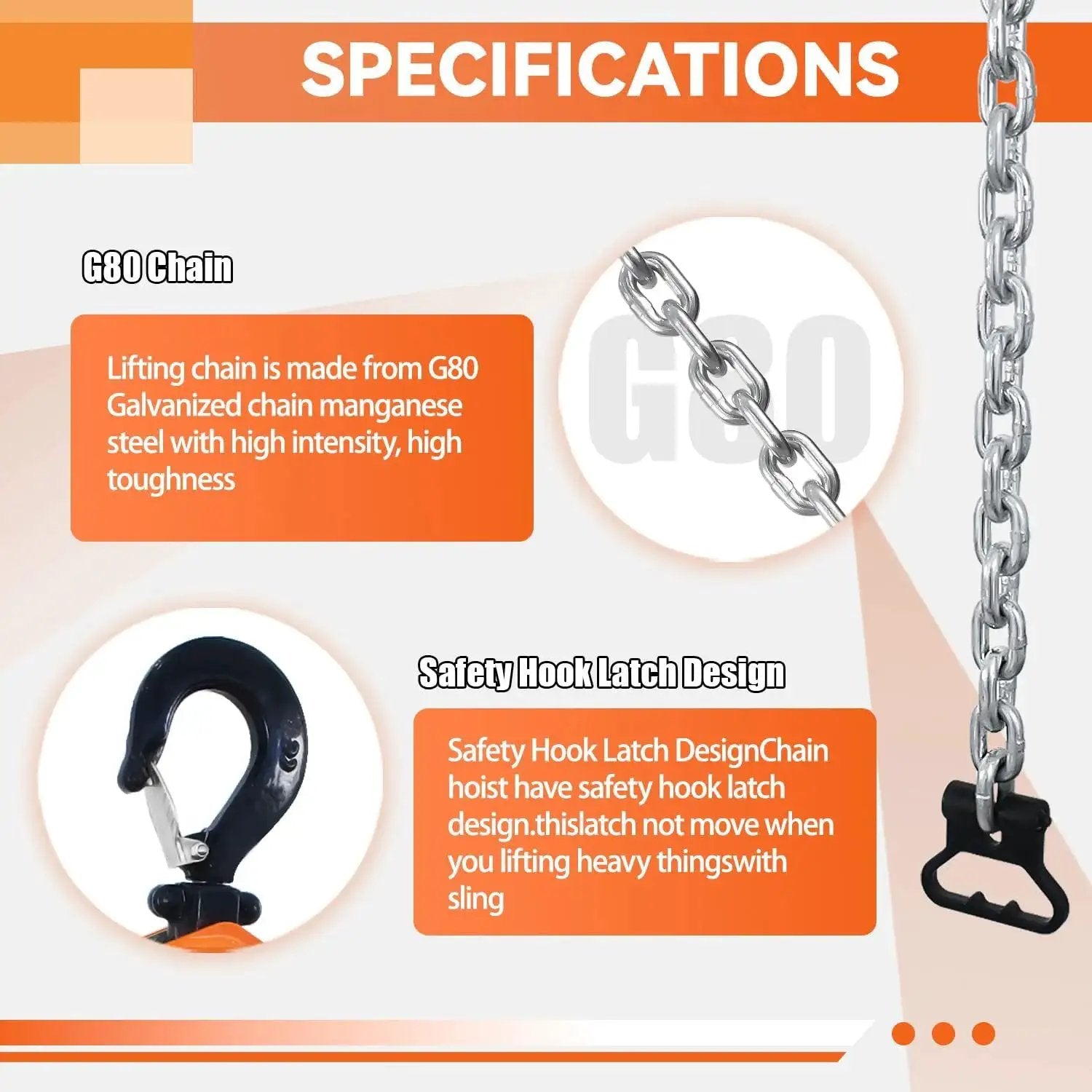 Specifications for Manual Chain Hoist 1.5 Ton 10 Ft Heavy Duty Lift 3300 Lbs With Durable Hook showing G80 chain and hook latch design.