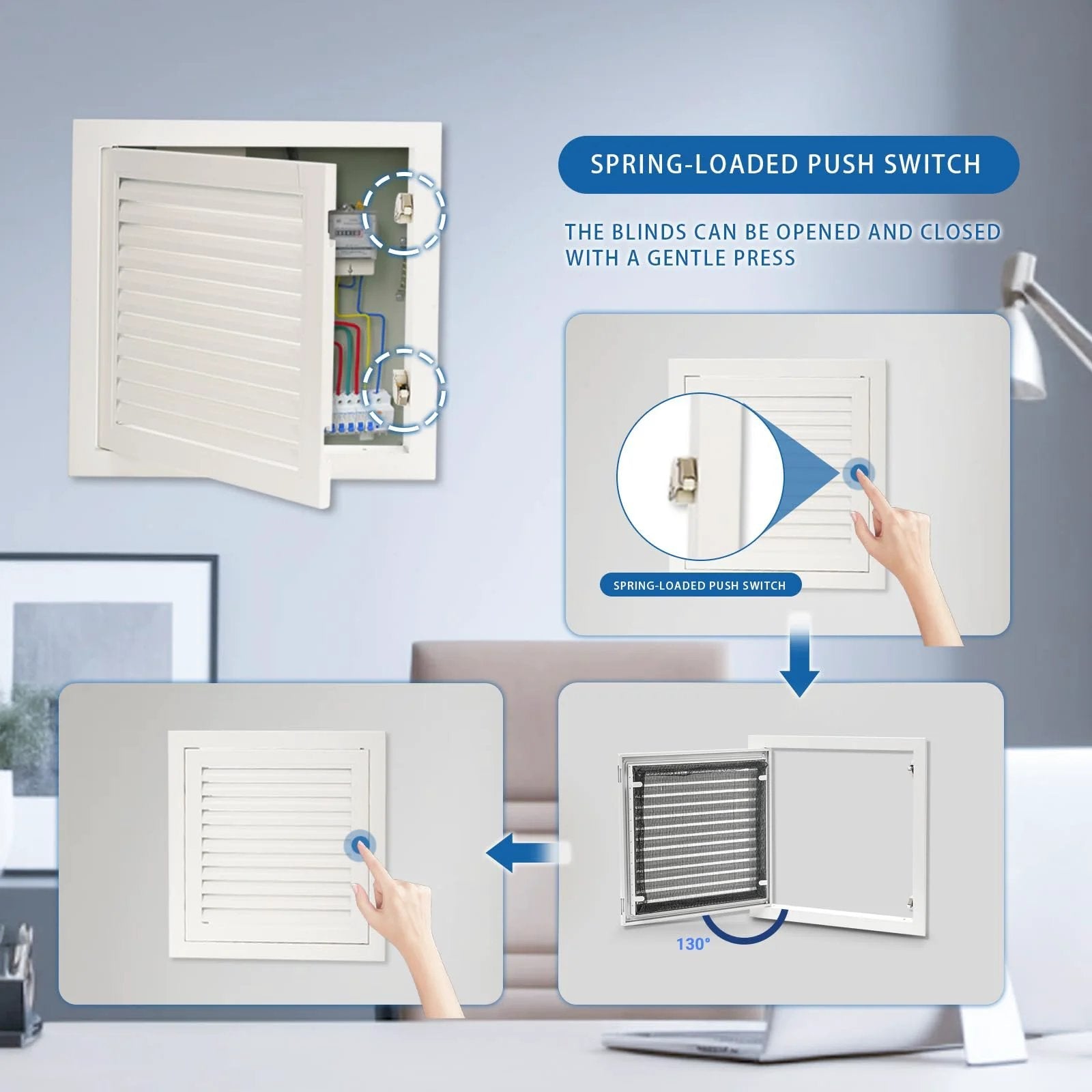Camouflaged 13.5 By 13.5 Inch Access Panel For Drywall With Push Button Switch And Vent Aluminum Alloy White Finish 12 By 12 Inch Opening Hidden Storage And Easy Utility Access With Slick Ventilation.
