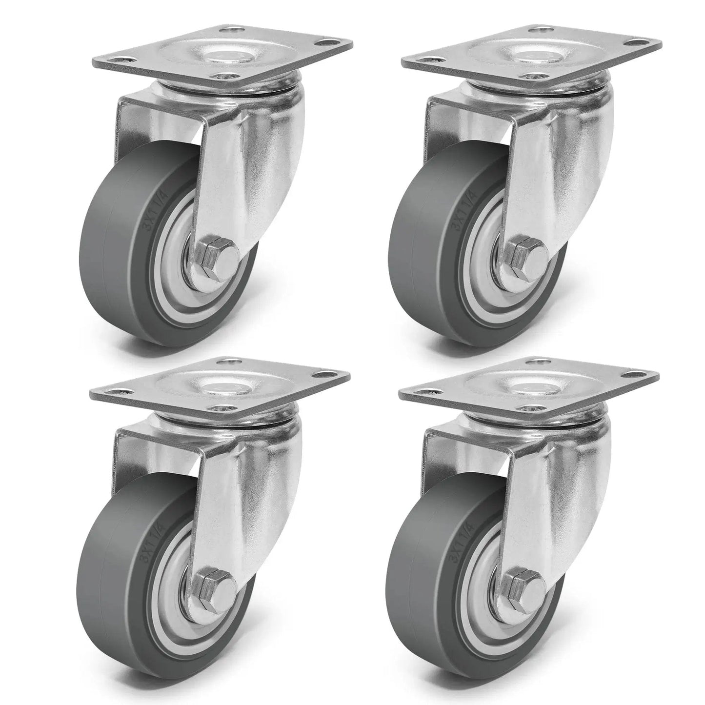 3 Inch Rubber Caster Wheels Set Of 4 With Brakes, Silent Heavy Duty Swivel Plate Casters For Cart, Furniture And Workbench