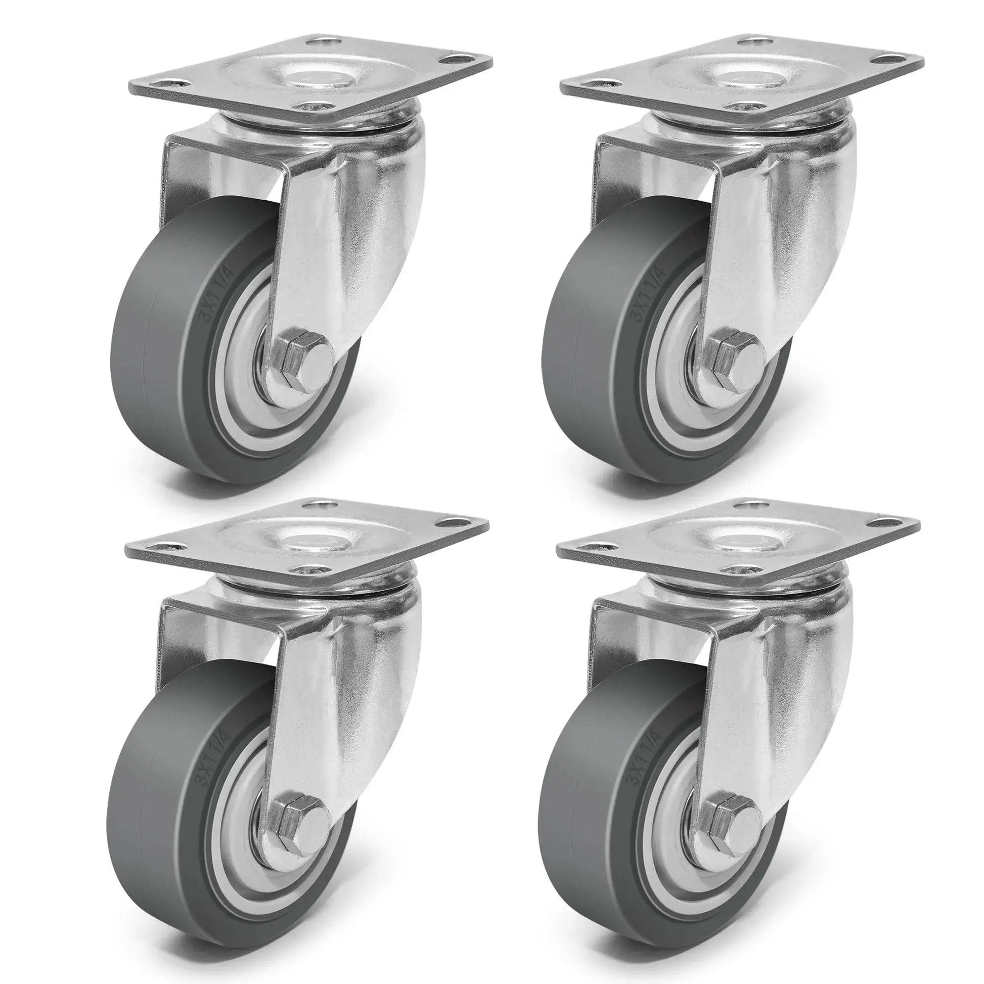 3 Inch Rubber Caster Wheels Set Of 4 With Brakes, Silent Heavy Duty Swivel Plate Casters For Cart, Furniture And Workbench