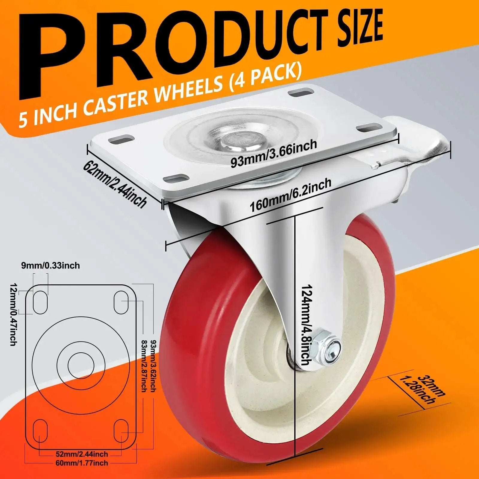 Heavy Duty 5 Inch Swivel Caster Wheels Set Of 4 With Dual Locking Brakes Silent Polyurethane Wheels Plate Mounted Bearings
