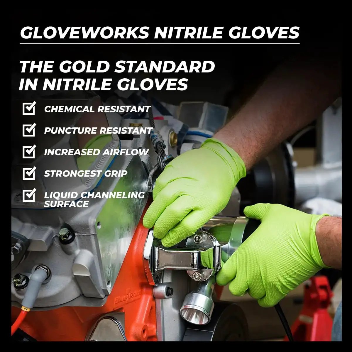 Hands wearing Green Nitrile Mechanic Gloves 8 Mil Heavy Duty Raised Diamond Grip Latex Free working on engine