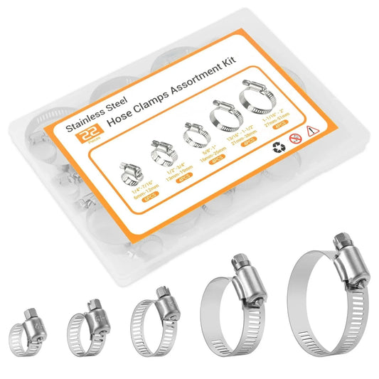 22 Piece Premium Stainless Steel Hose Clamp Assortment Kit For Plumbing And Automotive Use Worm Gear Clamps One Quarter To Two Inches Six To Fifty One Millimeters Versatile Small To Medium Sized Clamps For Home Workshop And Industrial Repairs