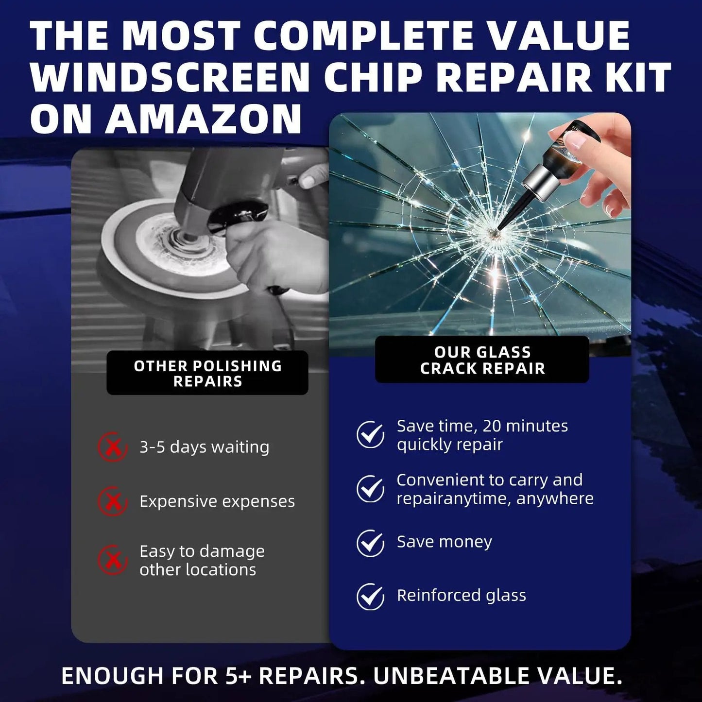 DIY Windshield Repair Kit for Chips and Cracks That Stops Spreading in Minutes showing comparison between other repair methods and quick repair.