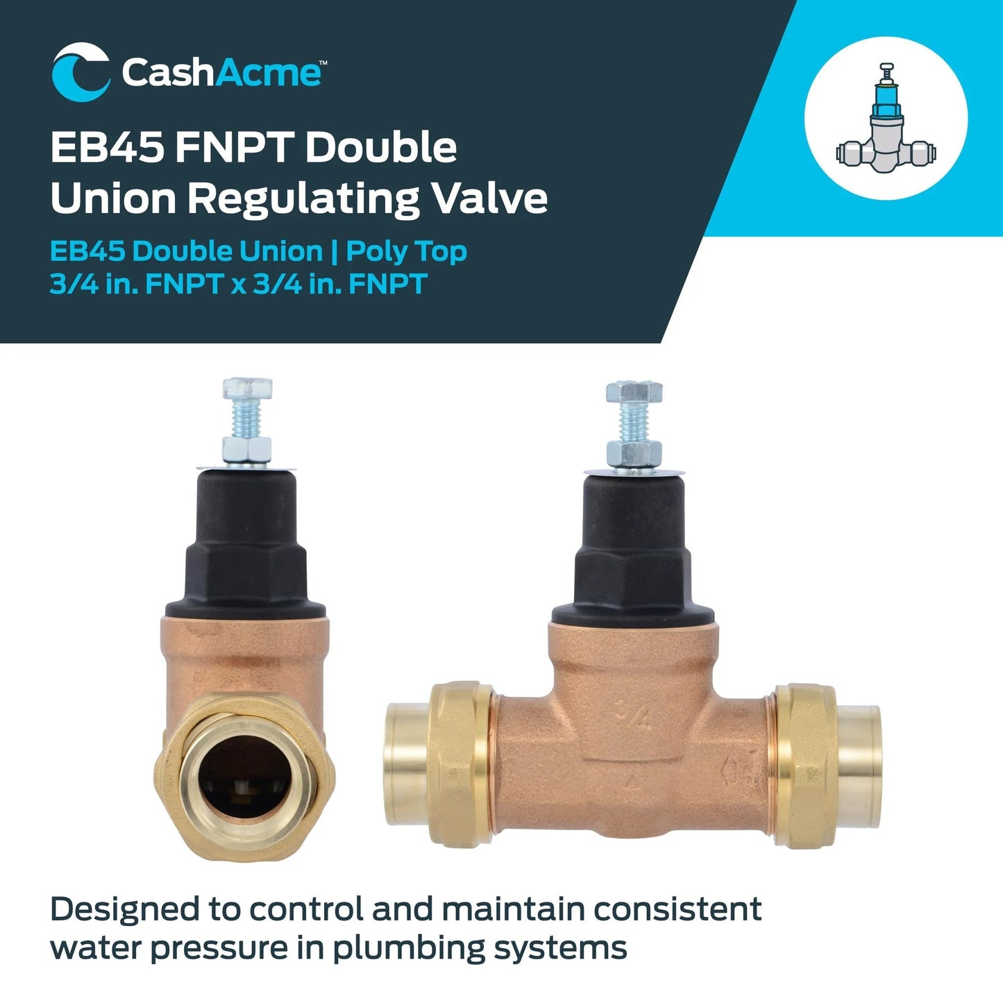 Direct Pressure Regulating Valve For Home Plumbing Three Quarters Inch NPT Female Double Union Beefy Brass Body 60 PSI Adjustable PRV