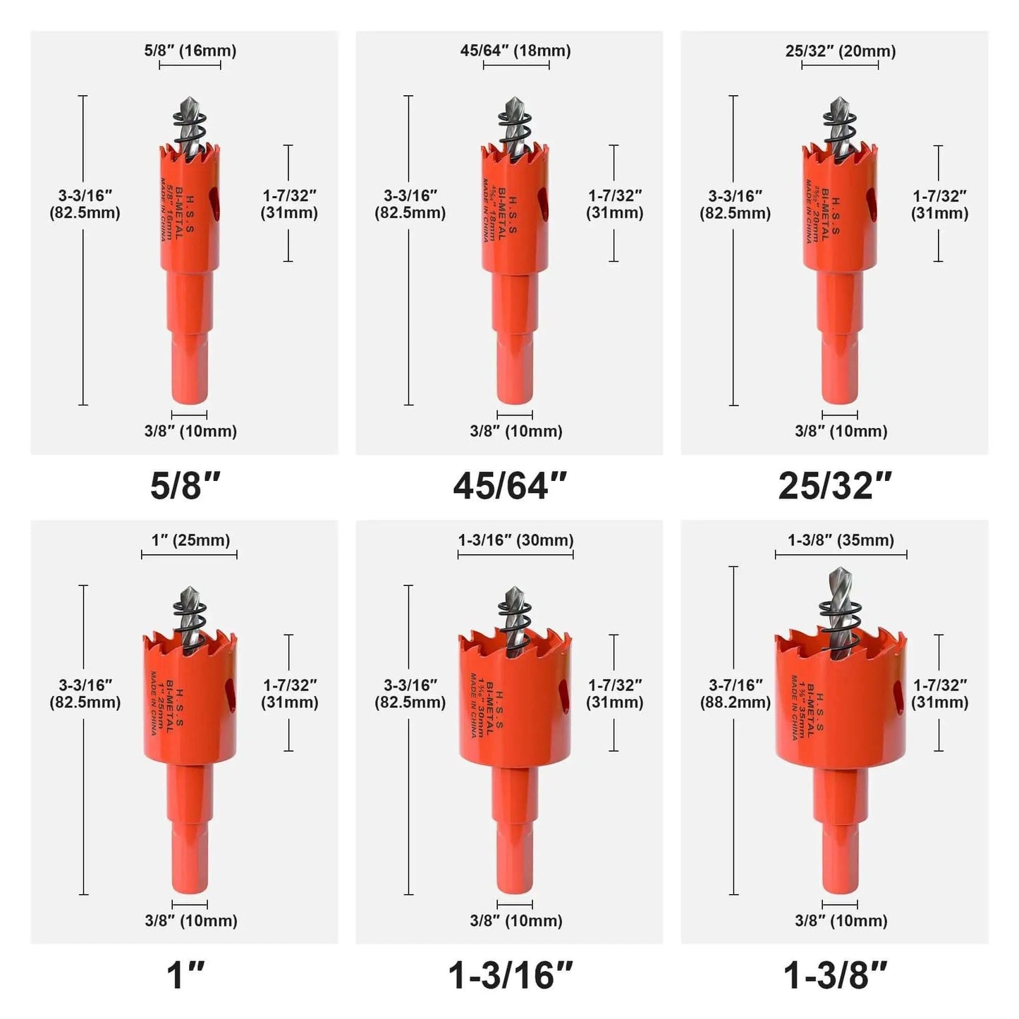 Image of Bi-Metal Hole Saw Kit 6-Piece Set For Wood Plastic Drywall And Soft Metal With Sizes 5/8 To 1-3/8 Inches, 3/8 Inch Shank