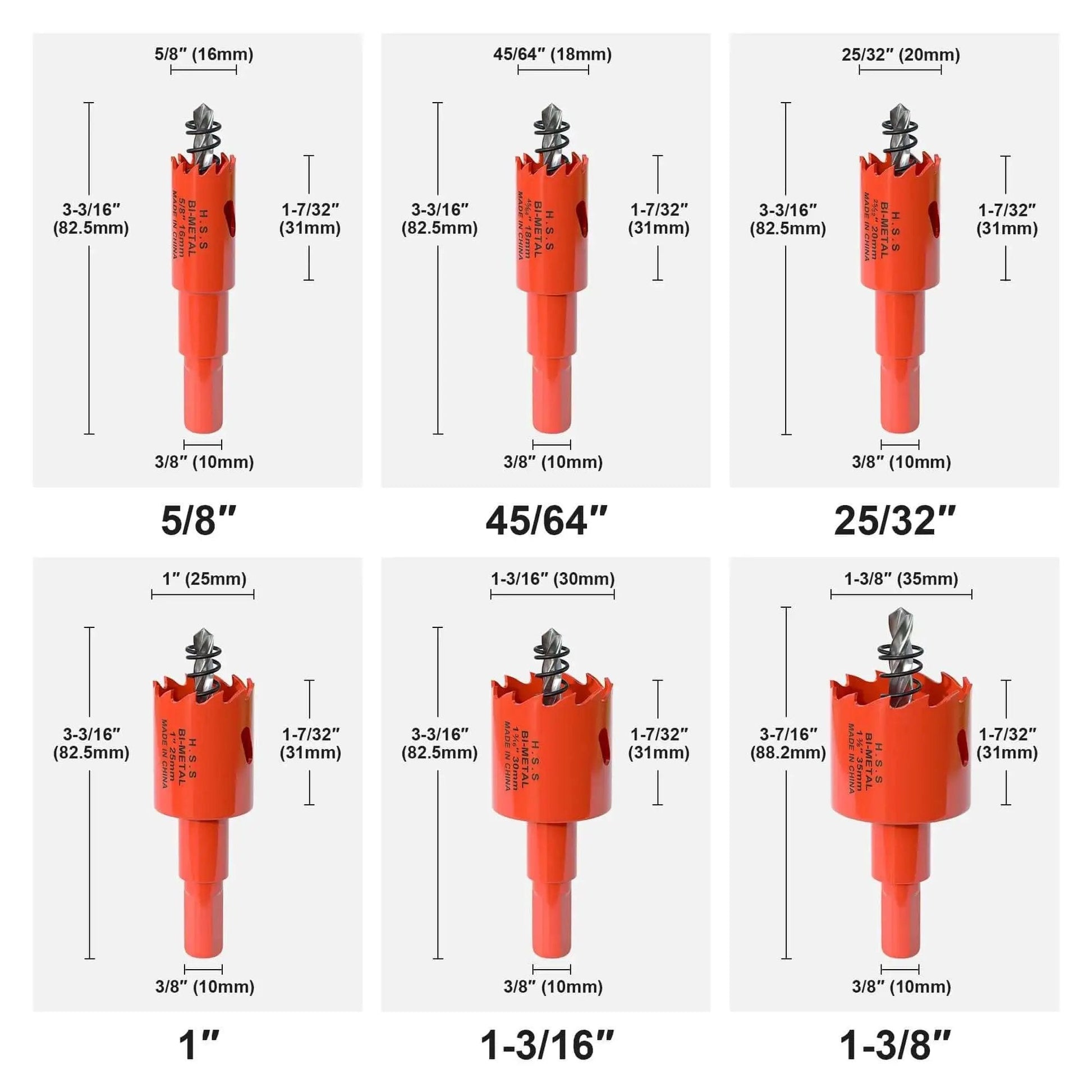 Image of Bi-Metal Hole Saw Kit 6-Piece Set For Wood Plastic Drywall And Soft Metal With Sizes 5/8 To 1-3/8 Inches, 3/8 Inch Shank