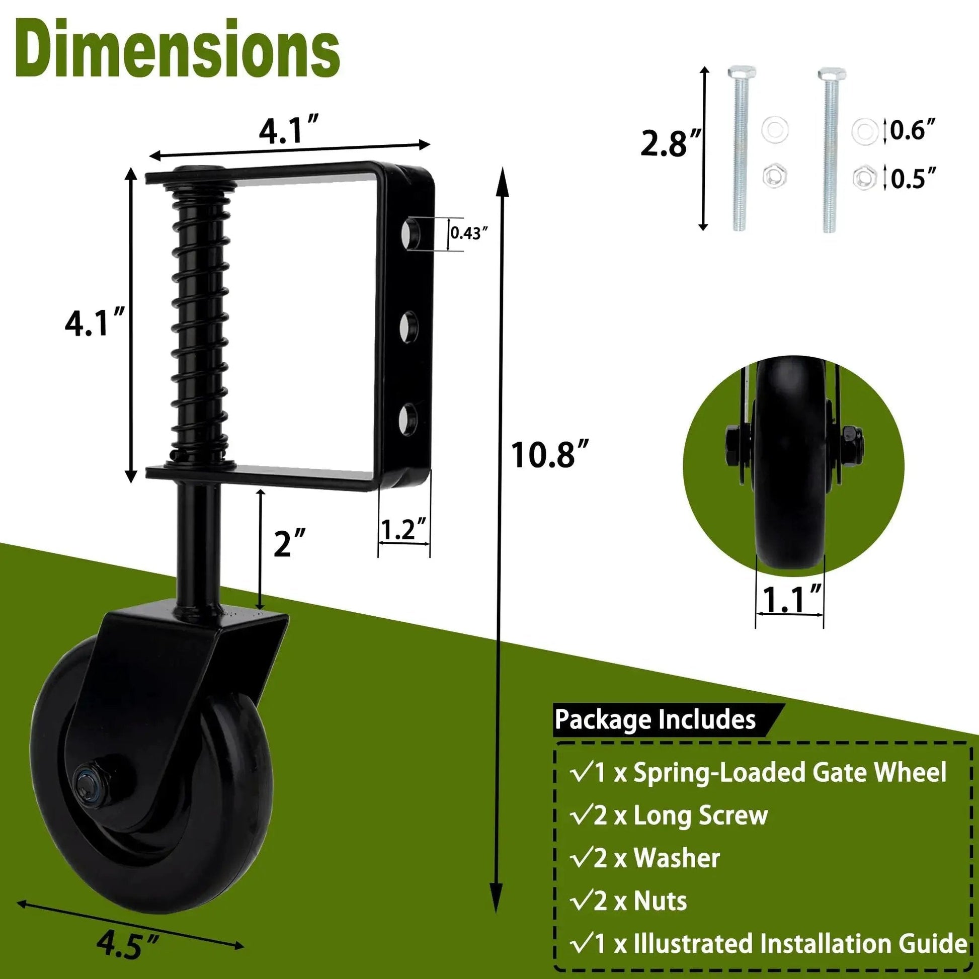 4.3 Inch Heavy Duty Gate Wheel With Spring Loaded Caster TPR Non Slip Wheel Industrial Bearings Dual Corrosion Resistance dimensions