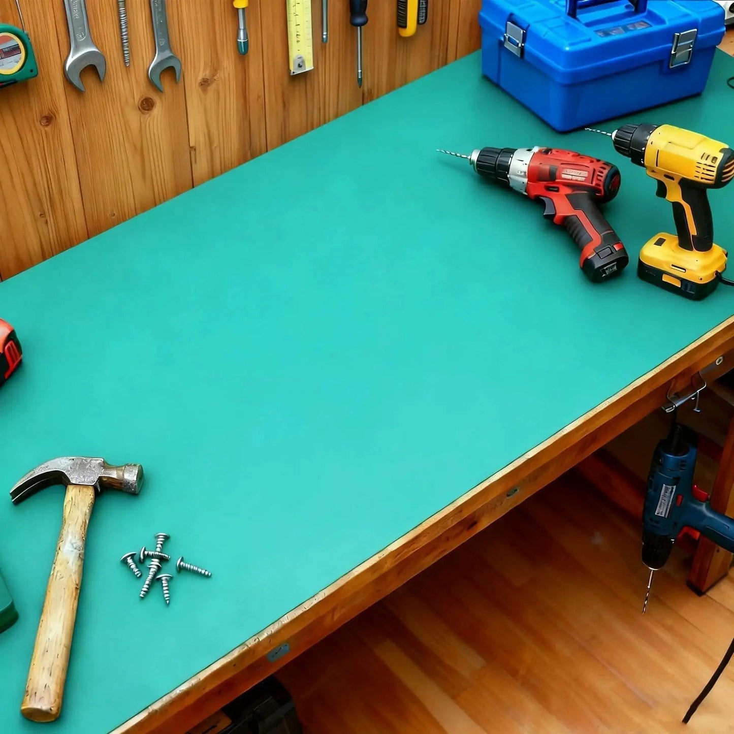 Large ESD Grounding Desk Mat Roll 23.6 By 118 Inches High Temperature Anti Static Rubber Pad on workbench with tools, green Uyoyous