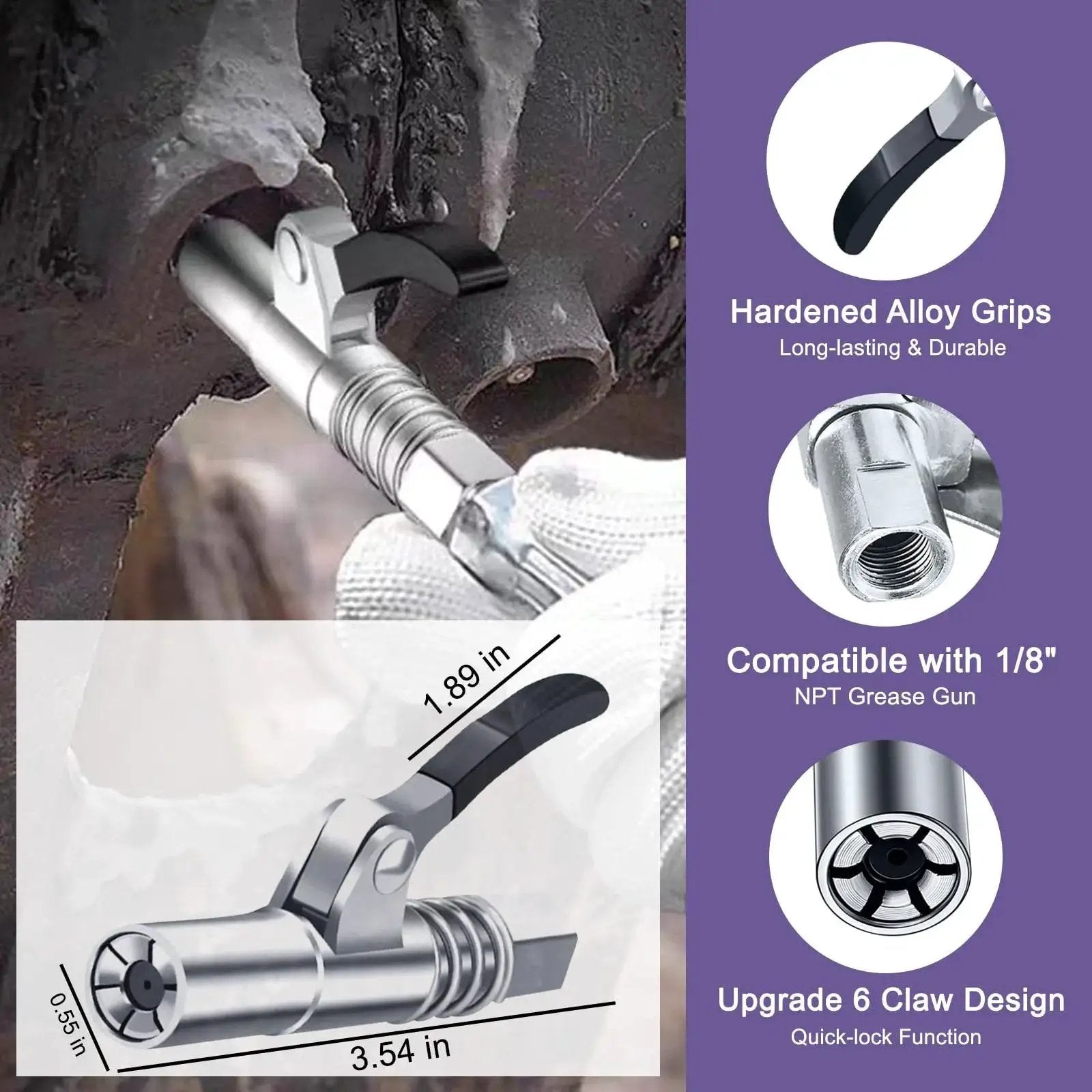 Grease Gun Accessory Kit With Needle Dispenser And Two Needle Nozzles, 90 Degree Coupler Adapter With Sleeves, shown in use on machinery