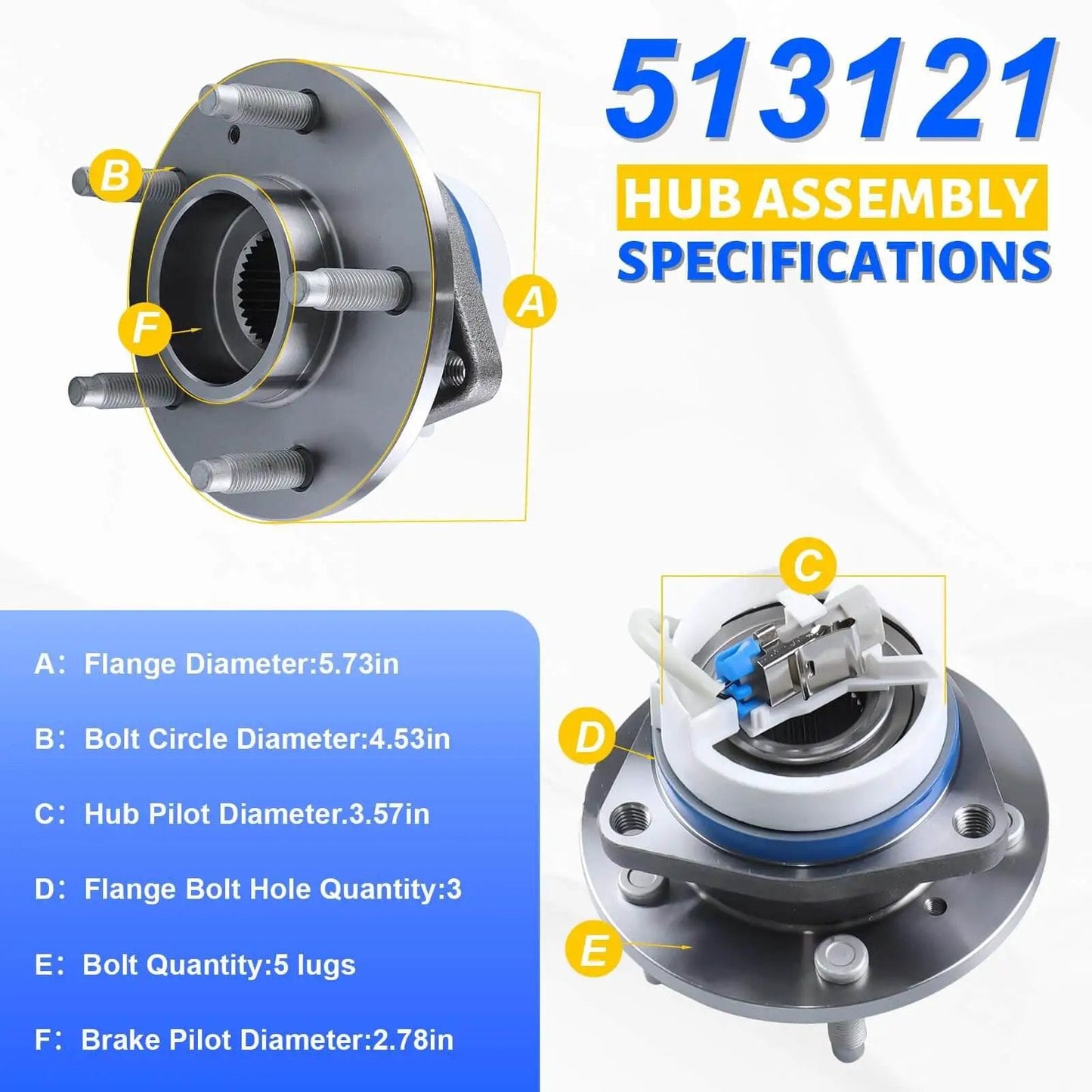 Diagram of 2 Pack Front Wheel Hub Bearing Assembly 513121 5-Lug Compatible with Buick Allure, showing key specifications and dimensions