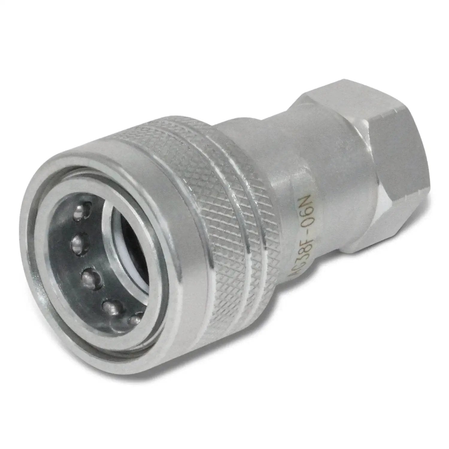 Rugged Three Eighths Inch Ag ISO 5675 Hydraulic Quick Connect Pioneer Style Coupler with Poppet Valve and NPT Thread close-up