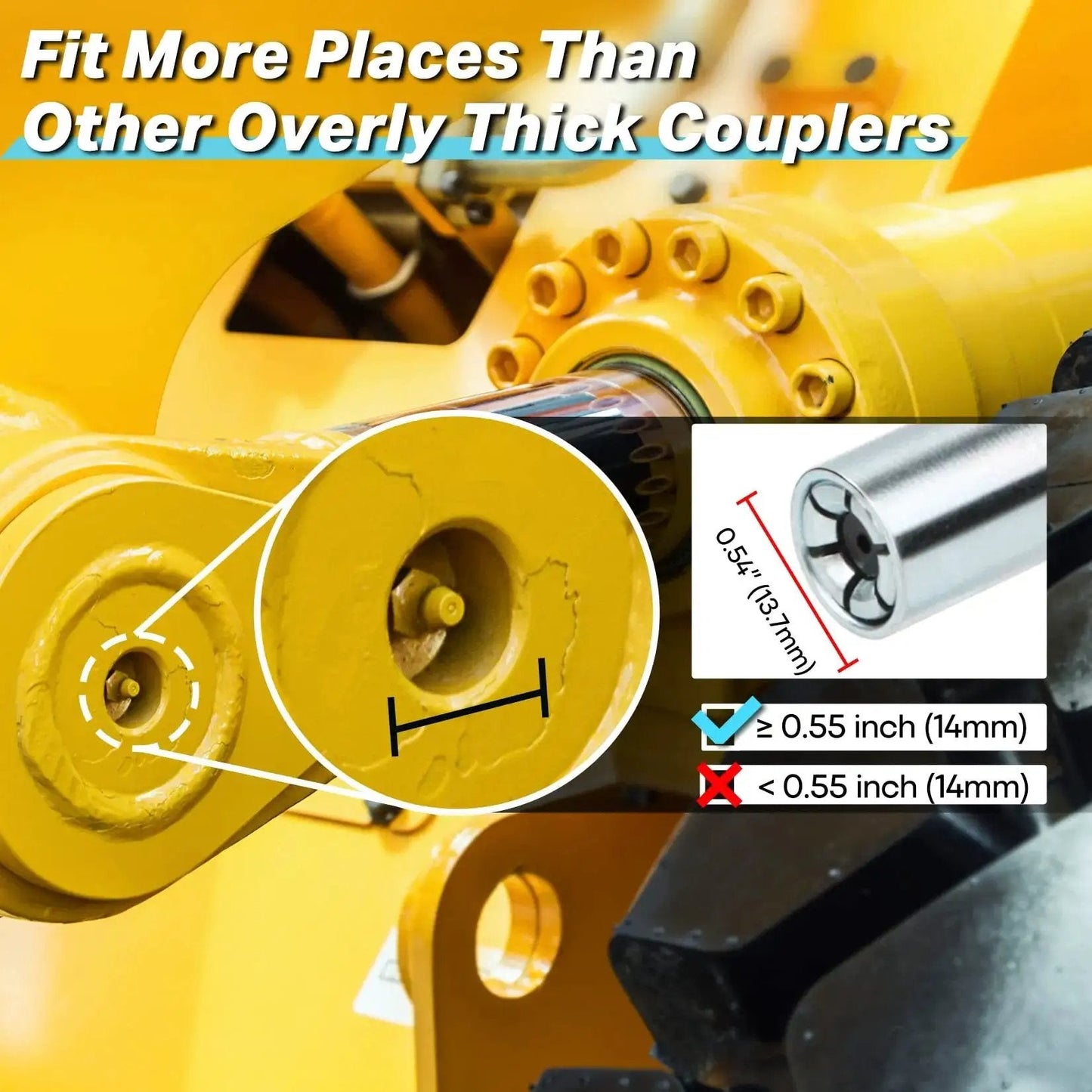 Heavy Duty Quick Release Grease Gun Coupler With Locking 6 Jaw System And Zerk Fittings Cleaner, 10000 PSI High Pressure Tip comparison to thick coupler, showing fitting size compatibility on machinery.