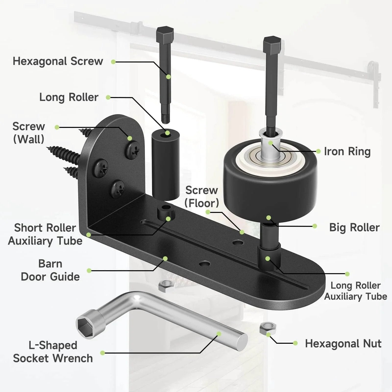 2 Pack Sliding Barn Door Floor Guide Set With Quiet Bearing And Adjustable Rubber Rollers, Rustproof Aluminum Floor Track diagram showing labeled parts