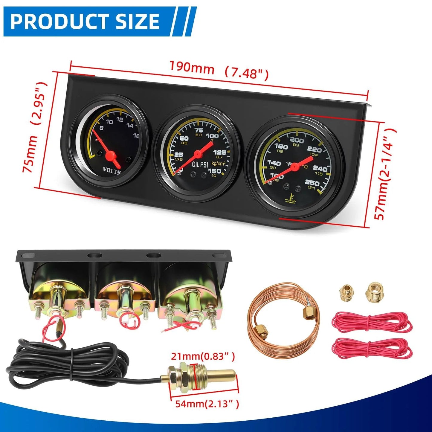 Pro Grade Triple Gauge Kit For Cars 52mm 2 Inch Voltmeter Oil Pressure Gauge 0 To 150 PSI And Water Temperature Gauge 100