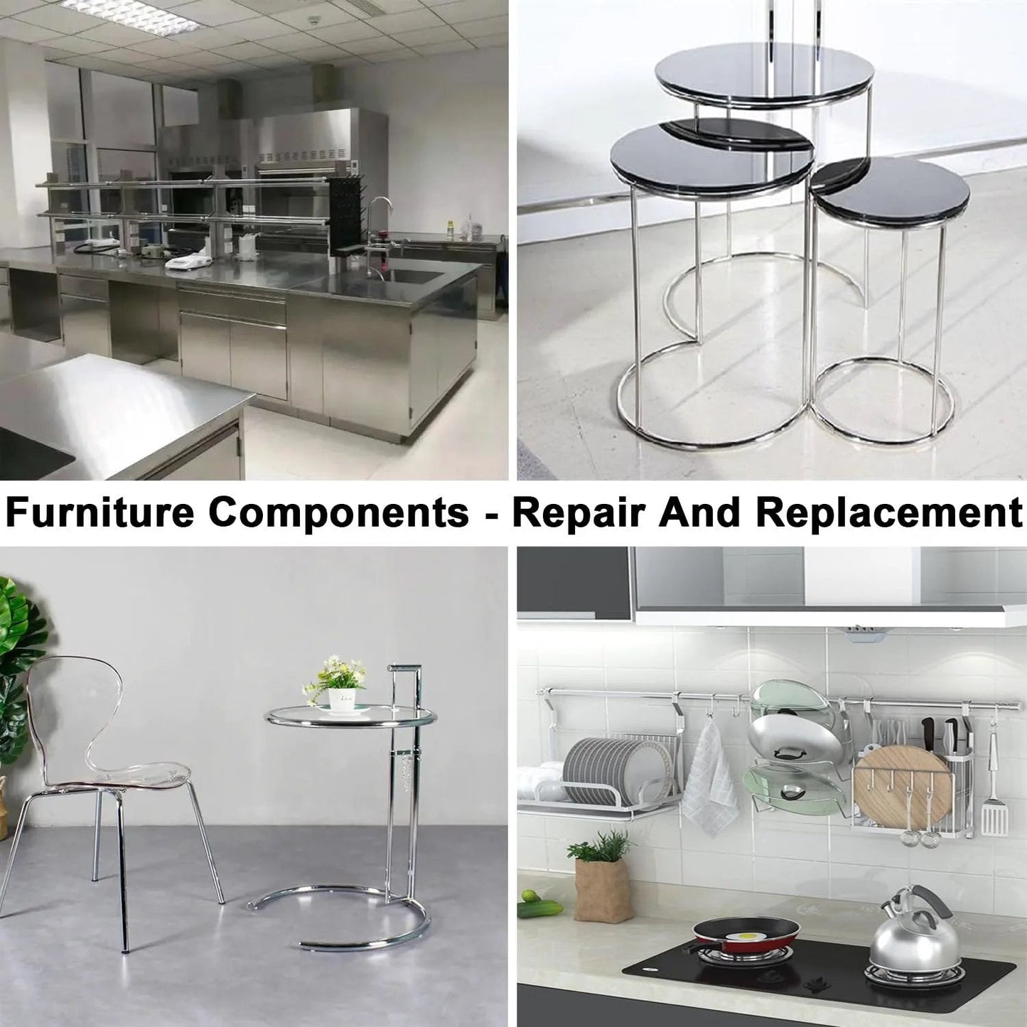 Collage of stainless steel furniture and kitchen components for repair and replacement, featuring tables, chairs, and racks.