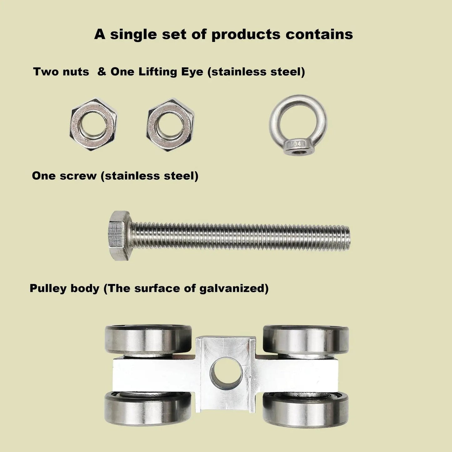 Four Wheel Trolley Assembly With Super Silent Pulley And M10 Bolt Plus Lifting Eye Nut for 1-5/8 in Strut Channels, components laid out.