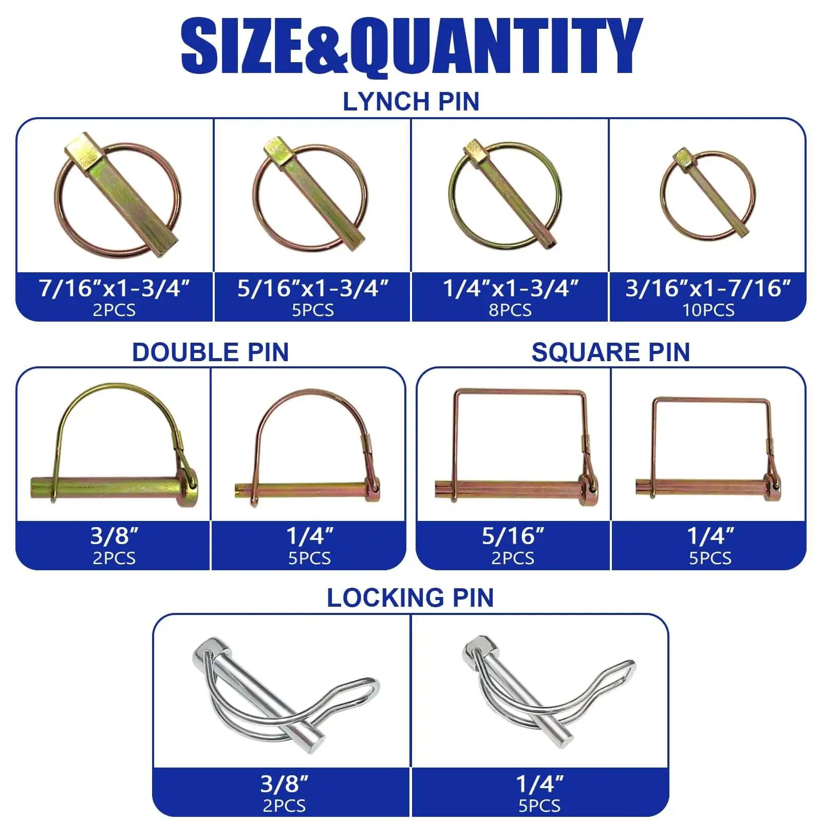 420 Piece Heavy Duty Pin Kit With Zinc Plated Carbon Steel Hitch Pins, R Clips, Hair Pins, Lynch Pins displayed by size and type