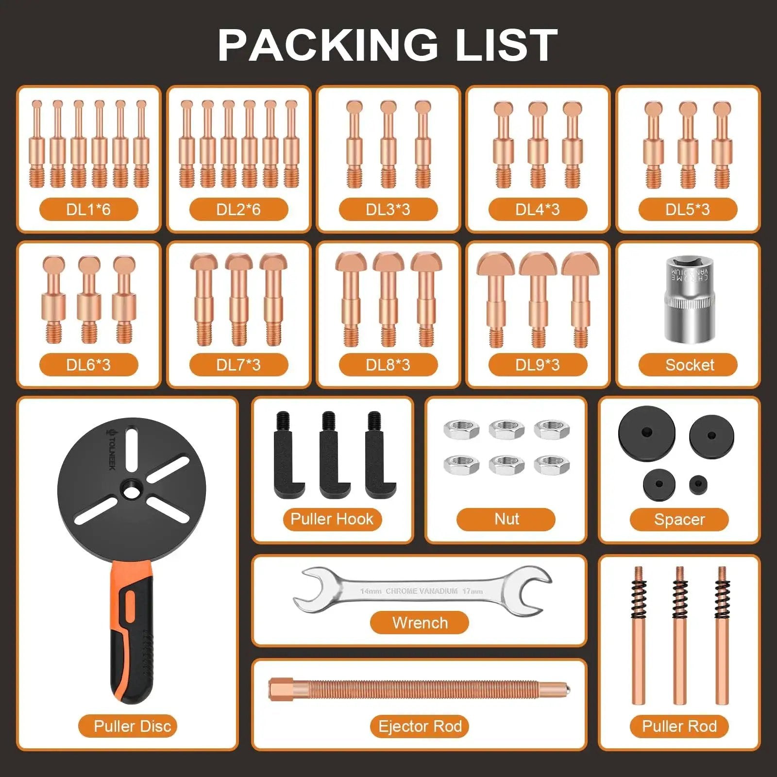 Packing list for 33-In-1 Bearing Puller Kit Upgraded Heavy-Duty Wheel Bearing Removal Tool And Blind Hole Puller Set with non-slip handle.