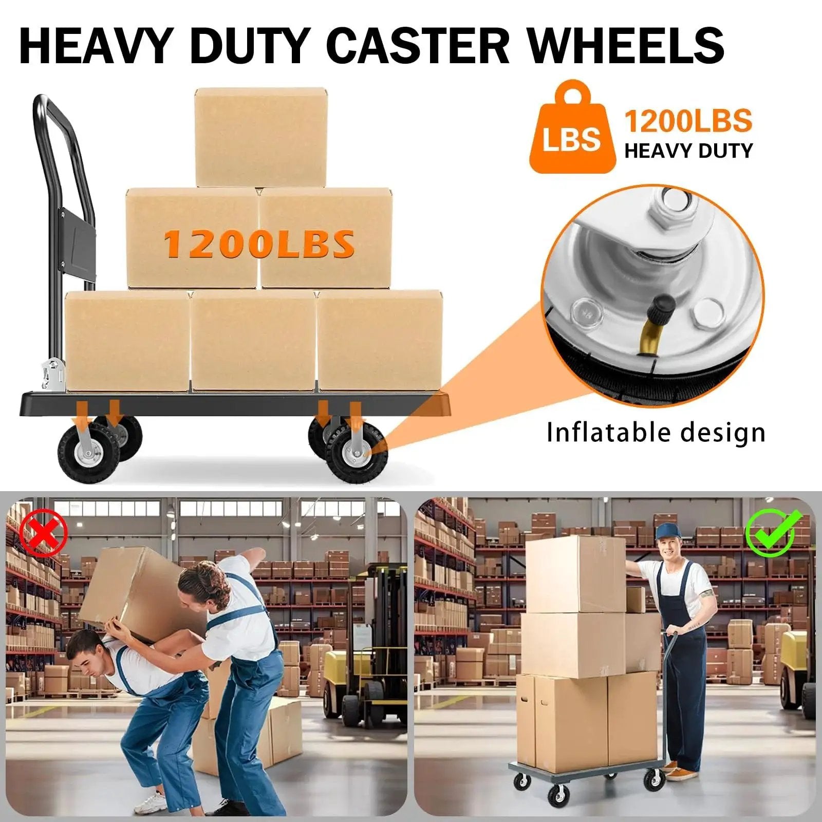 Image of heavy-duty cart with 8 Inch Pneumatic Casters 4 Pack With 2 Swivel And 2 Rigid Heavy Duty Wheels 1200 Lbs Capacity, loaded with boxes in a warehouse showing usage benefits.