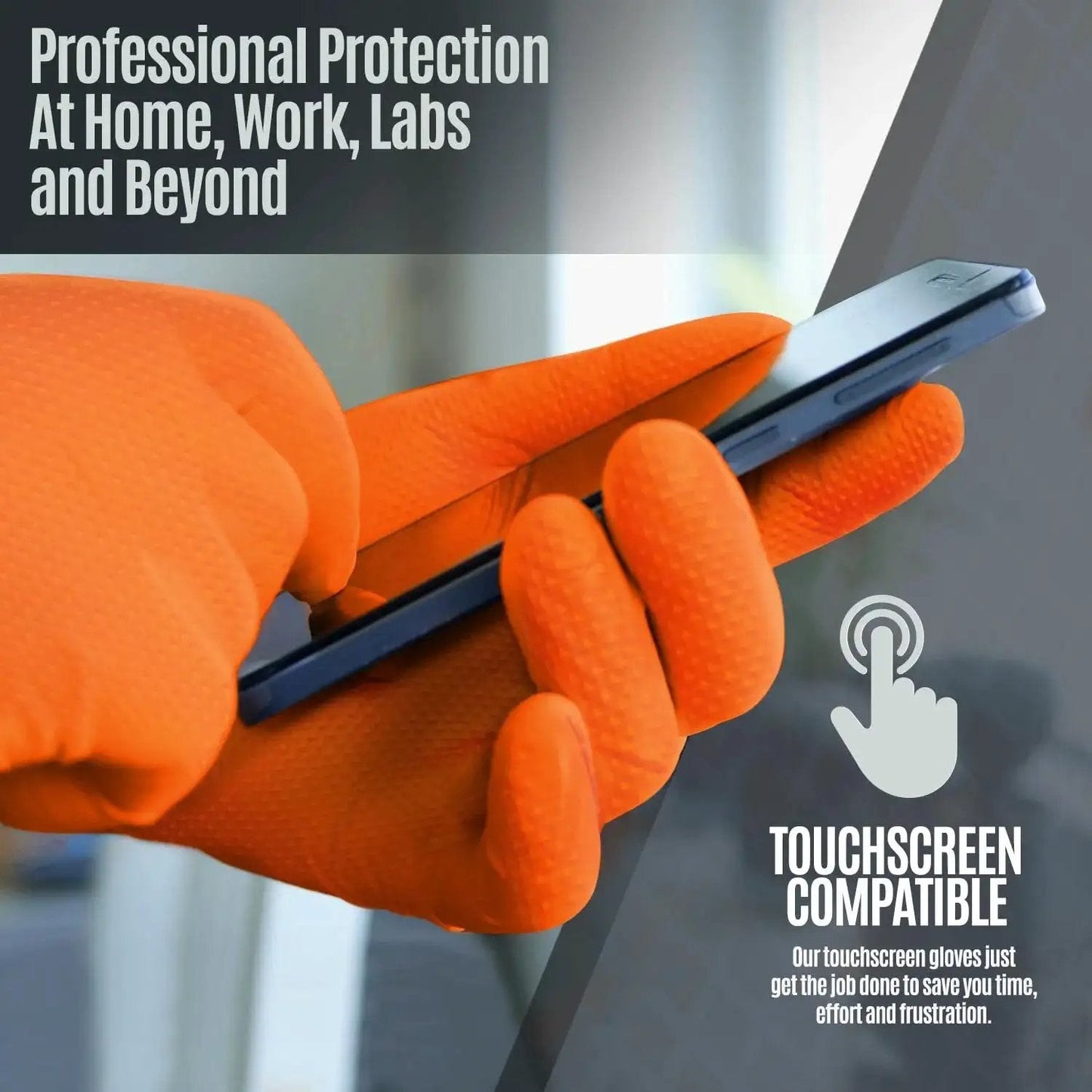 Industrial Nitrile Gloves 8 Mil Heavy Duty Diamond Texture Orange Size Large used with smartphone touchscreen