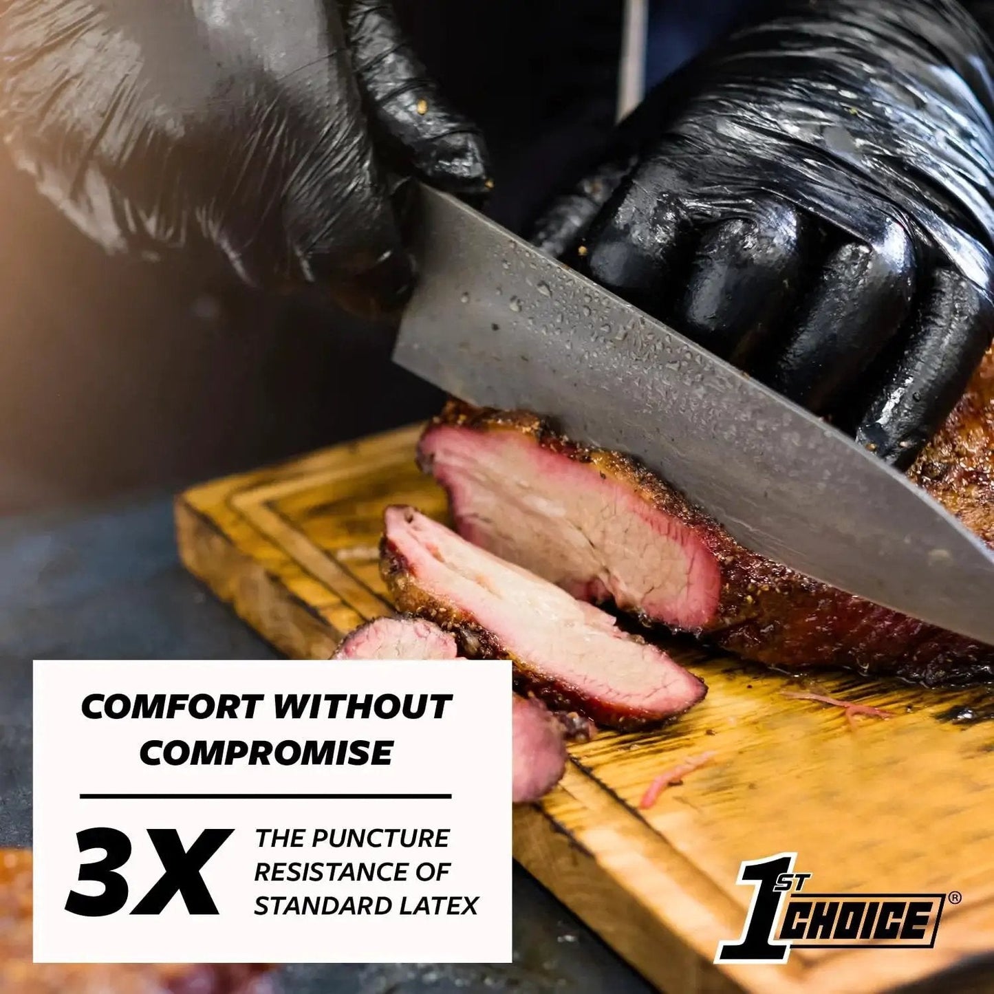 Chef slicing brisket with knife, wearing XXL Black Nitrile Gloves 5 Mil Food Grade Latex Free Powder Free Case Of 1000