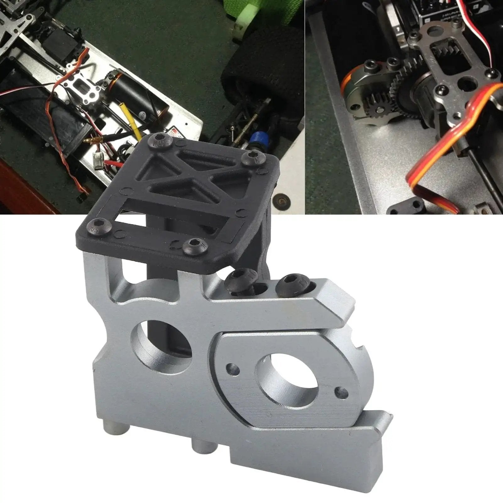One Eighth Scale RC Brushless Motor Mounting Kit Sturdy Motor Base Mounting Holder with Fixed Mount shown in close-up and installed view