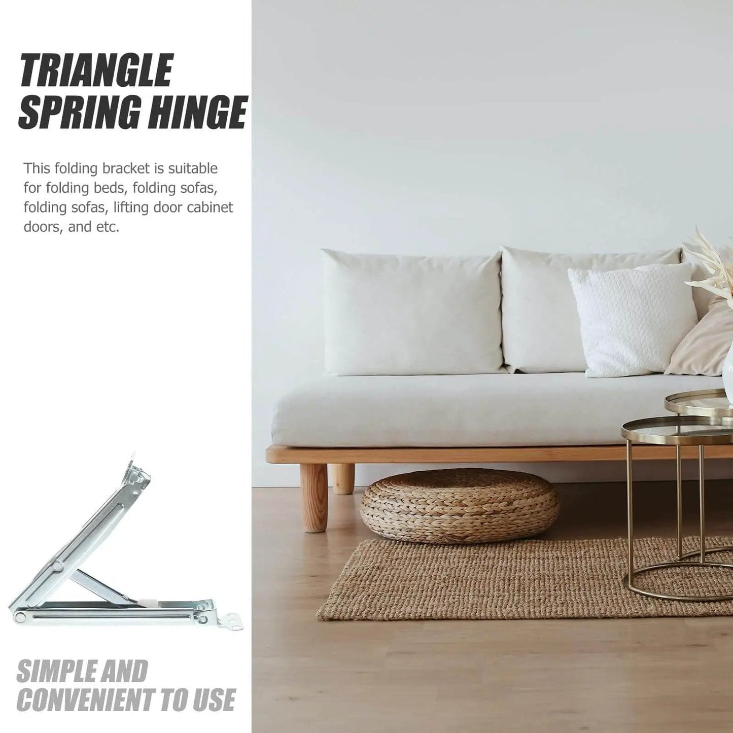 Adjustable Folding Lift Up Hinge For Massage Tables And Sofa Beds with Sofa, Folded Hinge, and Product Info Text Visible