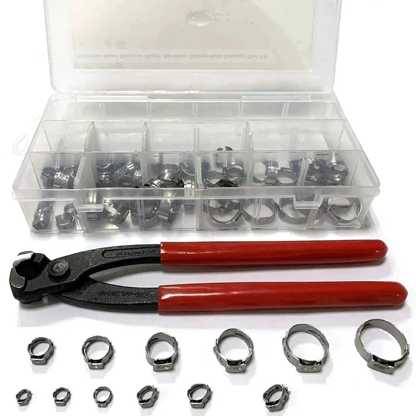 All Purpose Hose Clamp Kit With Pincers Crimper Tool 200 Pcs 304 Stainless Steel Stepless Single Ear 5 To 33mm For Automotive Hoses