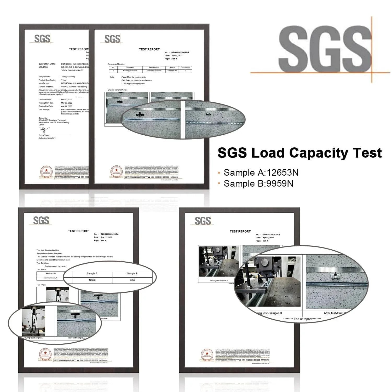 SGS load capacity test results for upgraded four wheel trolley assembly for stable load handling fits 1 5/8 inch or taller strut channel.