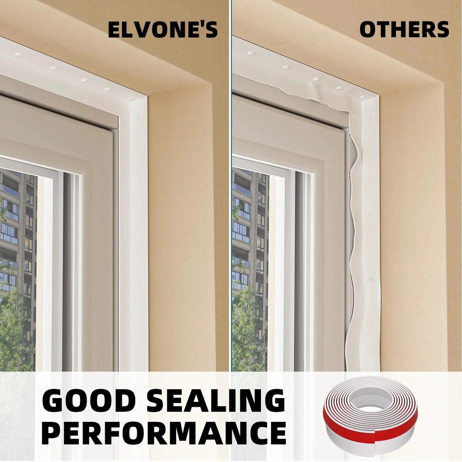 Comparison of window weather stripping showing effectiveness of Universal 40 Ft TPE Garage Door Seal Top And Sides For Weatherproofing.