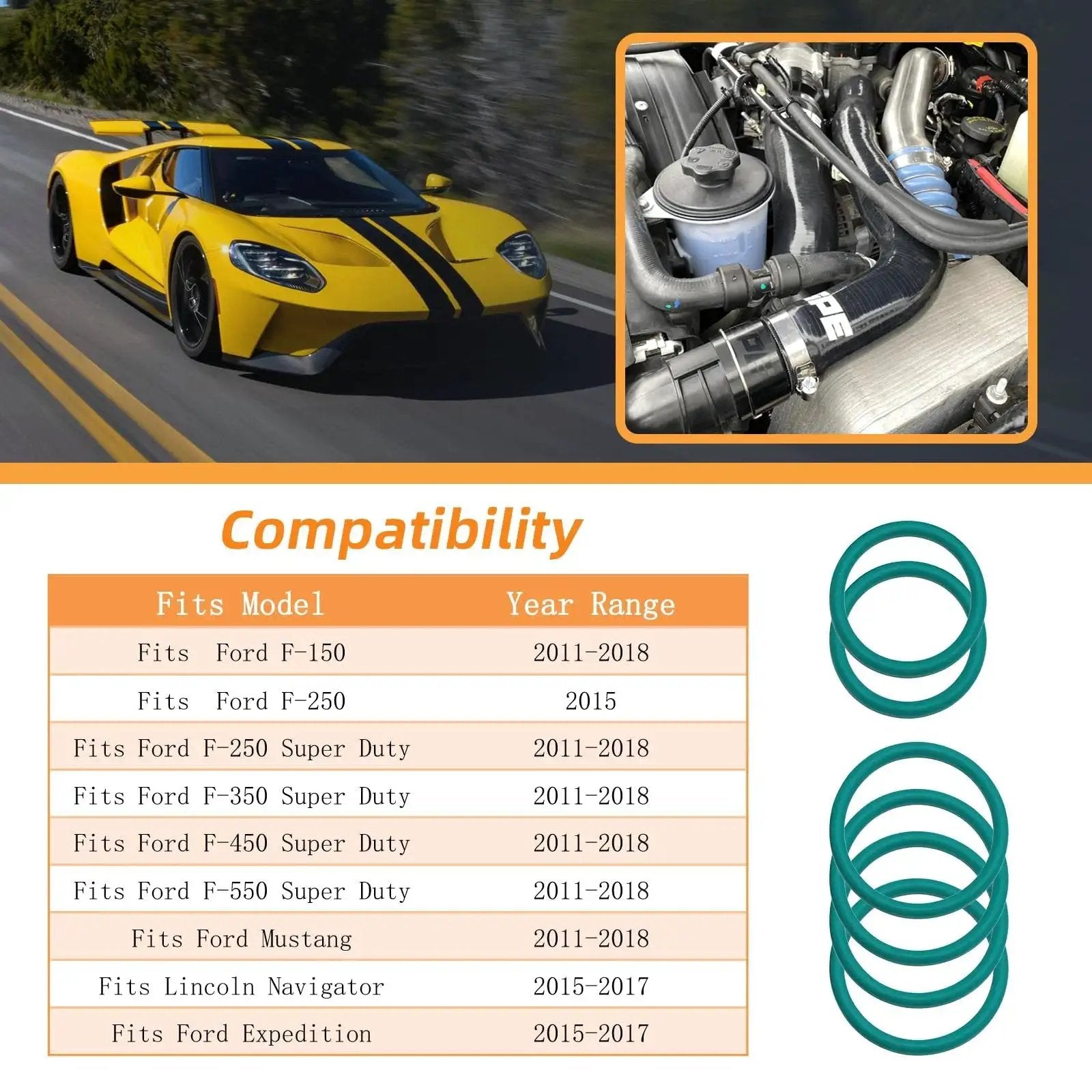 Compatibility chart and O Ring Seal Set For Ford F Series Radiator Hose And T Pipe Coolant Leak Repair 6 Pack.