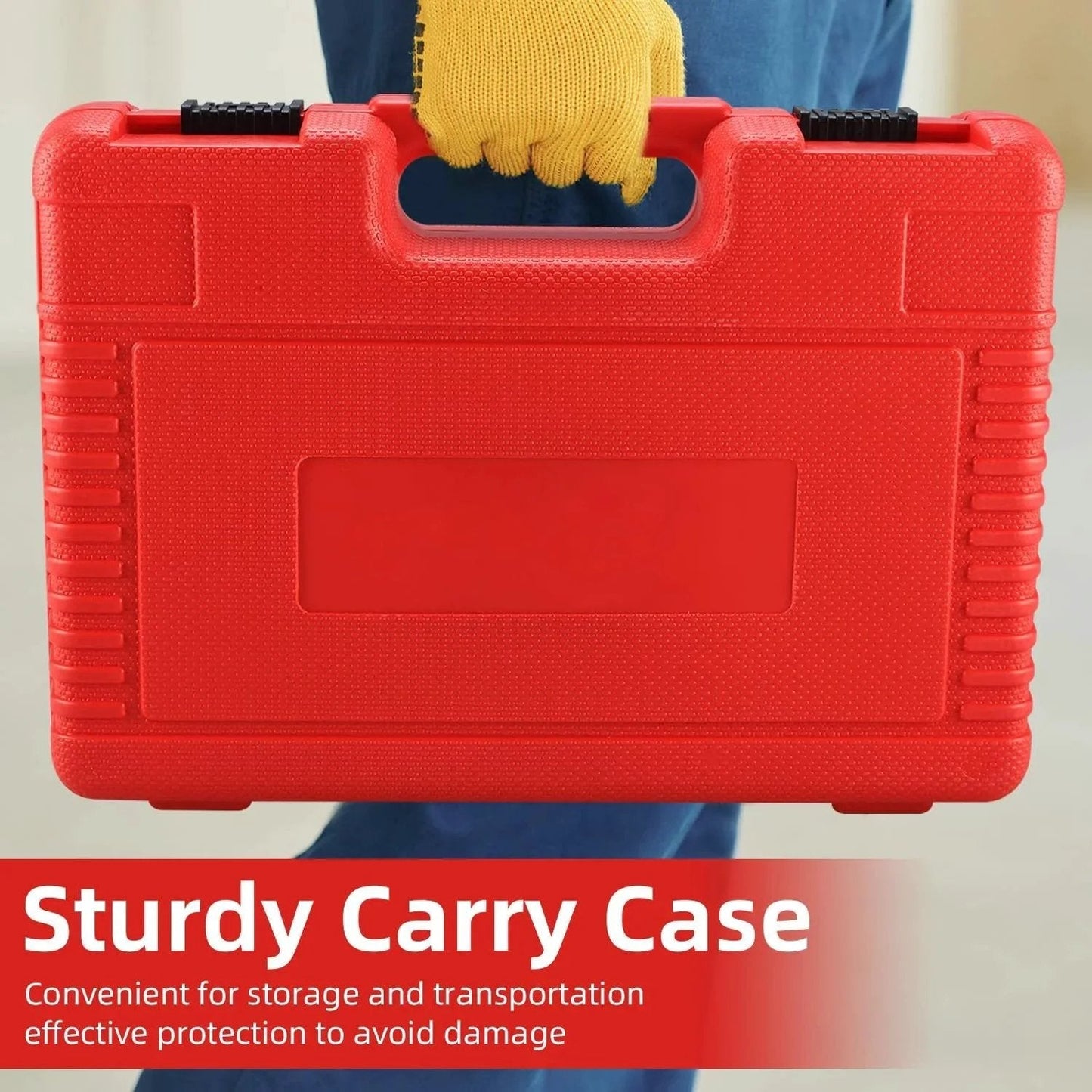 Red carry case for Cylinder Leak Down Tester Kit For Gasoline Engines With Dual Pressure Gauges Easy Read Diagnostic Gear.