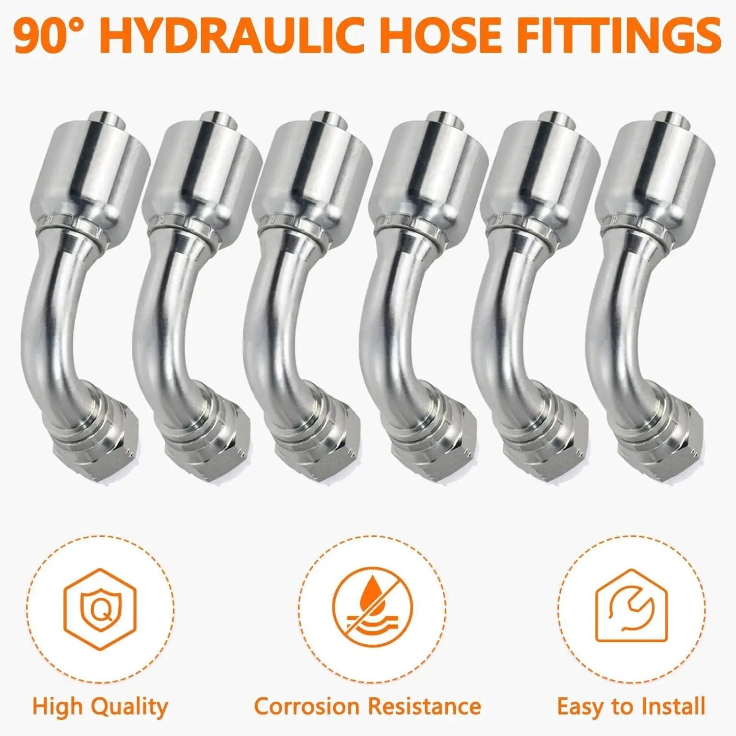 Six 90° hydraulic hose fittings displayed, part of the Fourteen Piece Hydraulic Fittings Kit For Half Inch Hose To Half Inch JIC Thirty Seven Degree Female Swivel Elbow Single Wire Braid Hose Repair Kit For Agriculture Construction And Industrial Equipment Perfect Spare Set For Field Service Trucks.