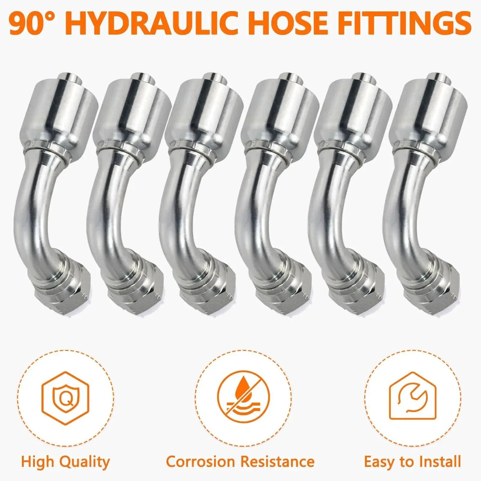 Six 90° hydraulic hose fittings displayed, part of the Fourteen Piece Hydraulic Fittings Kit For Half Inch Hose To Half Inch JIC Thirty Seven Degree Female Swivel Elbow Single Wire Braid Hose Repair Kit For Agriculture Construction And Industrial Equipment Perfect Spare Set For Field Service Trucks.