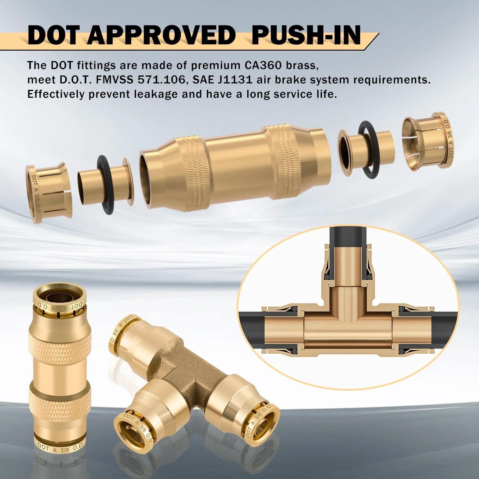 Brass DOT Air Line Fittings Kit With Fifty Foot One Quarter Inch And Thirty Foot Three Eighth Inch Air Hoses Twelve Brass Tee Fittings