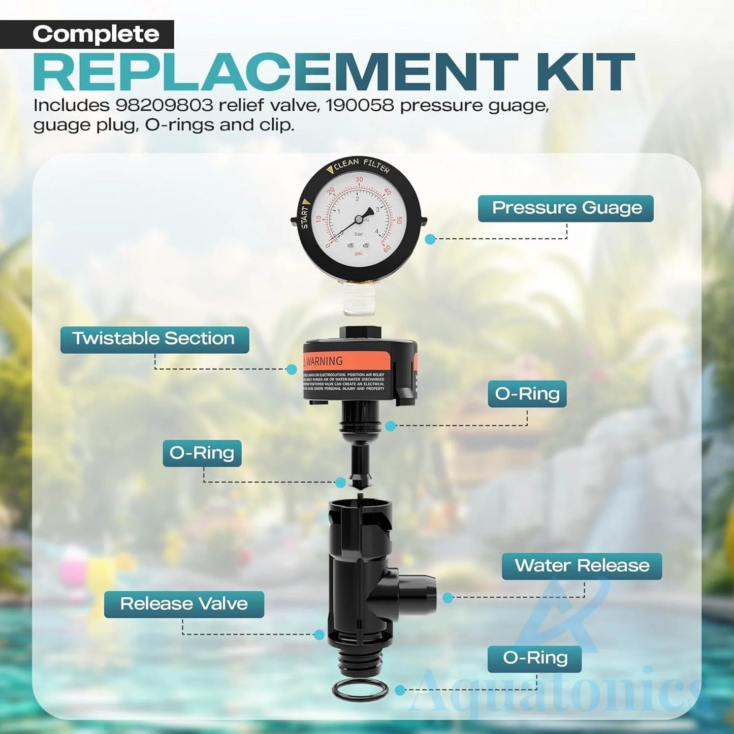 Air Relief Valve Kit With Pressure Gauge For Pentair SMBW 2000 4000 Series FNS Filters High Flow 98209803 Replacement