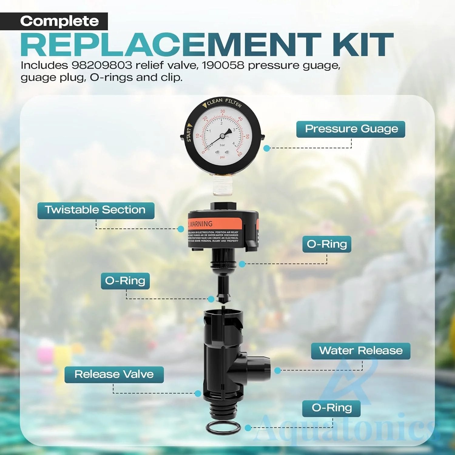 Air Relief Valve Kit With Pressure Gauge For Pentair SMBW 2000 4000 Series FNS Filters High Flow 98209803 Replacement