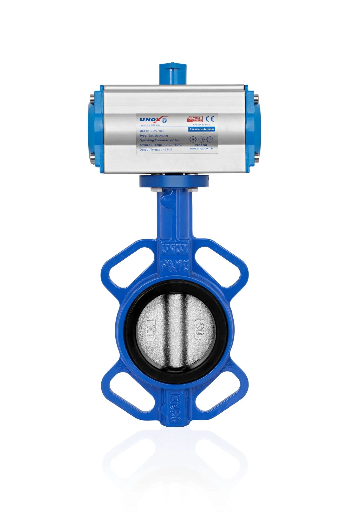 Front view of Pneumatic Actuated Butterfly Valve Wafer Type DN125 5 Inch Double Acting 230 PSI 16 Bar Heavy Duty Stainless Steel AISI 304 Disc