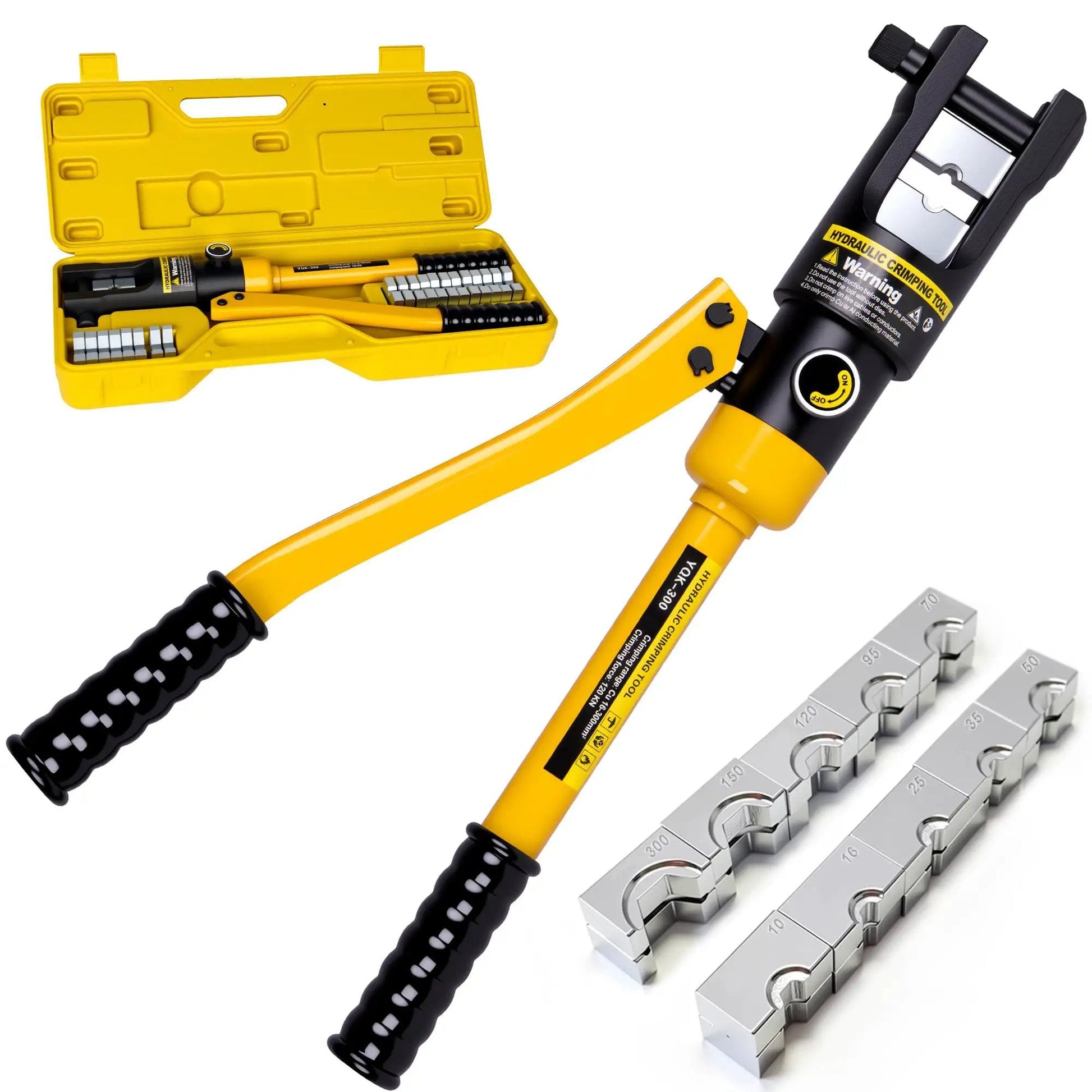 Beefy 16 Ton Hydraulic Wire Crimping Tool With 13 Die Pairs for 9 AWG to 600 MCM copper and aluminum wires, C Style head.