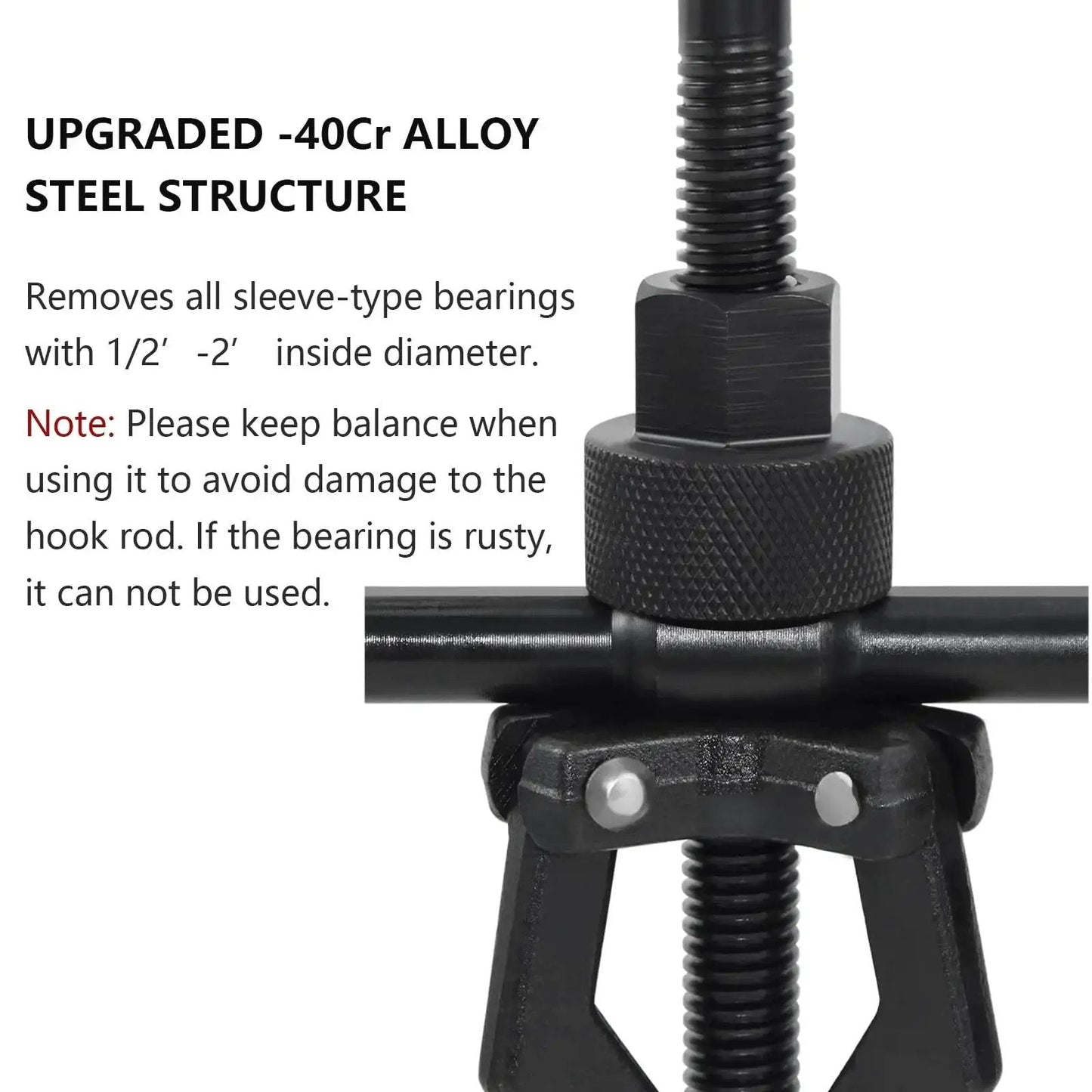 Close-up of 3 Jaw Inner Bearing Puller Gear Extractor showing threaded rod and instructions, for Motorcycle Car SUV Pulling Tool.