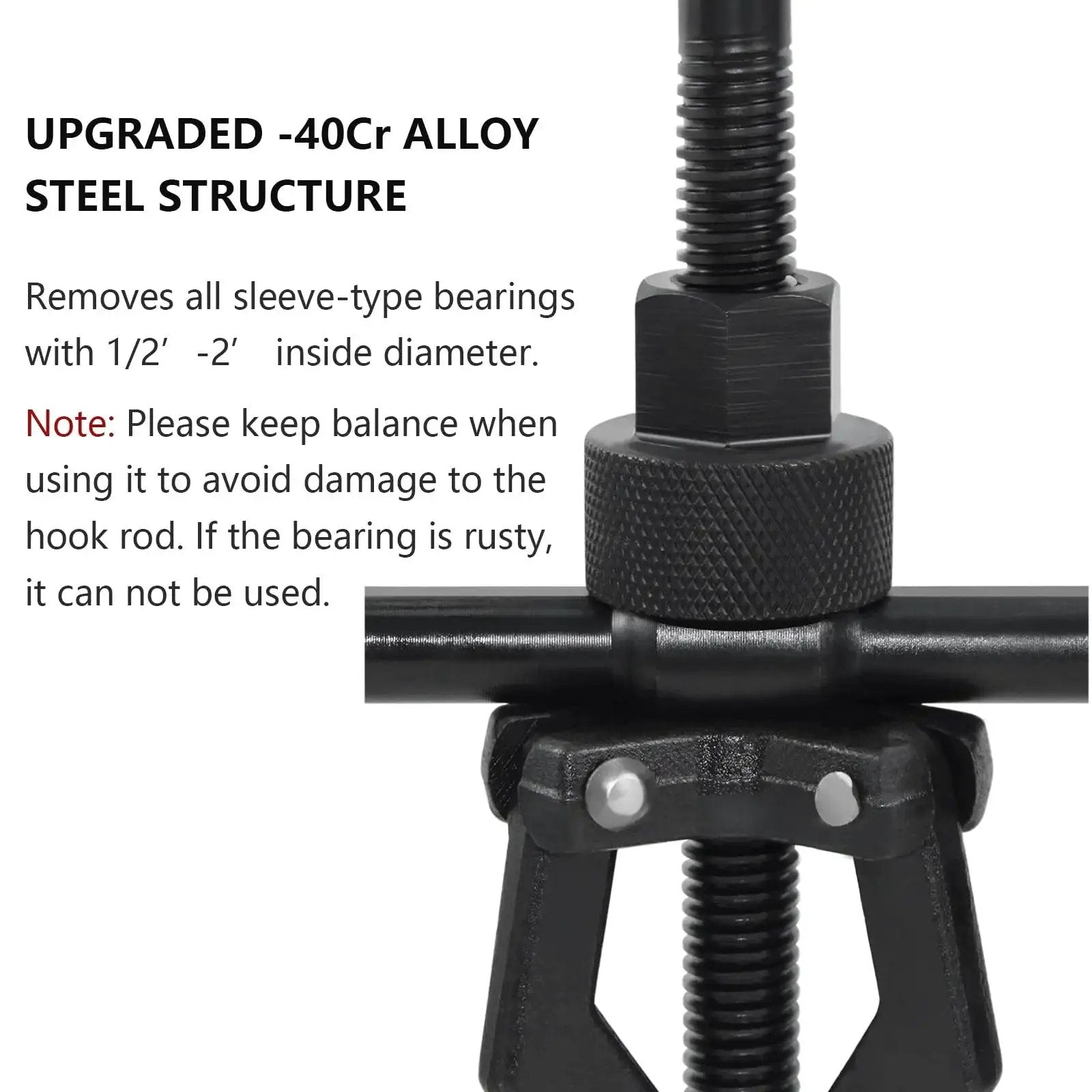 Close-up of 3 Jaw Inner Bearing Puller Gear Extractor showing threaded rod and instructions, for Motorcycle Car SUV Pulling Tool.