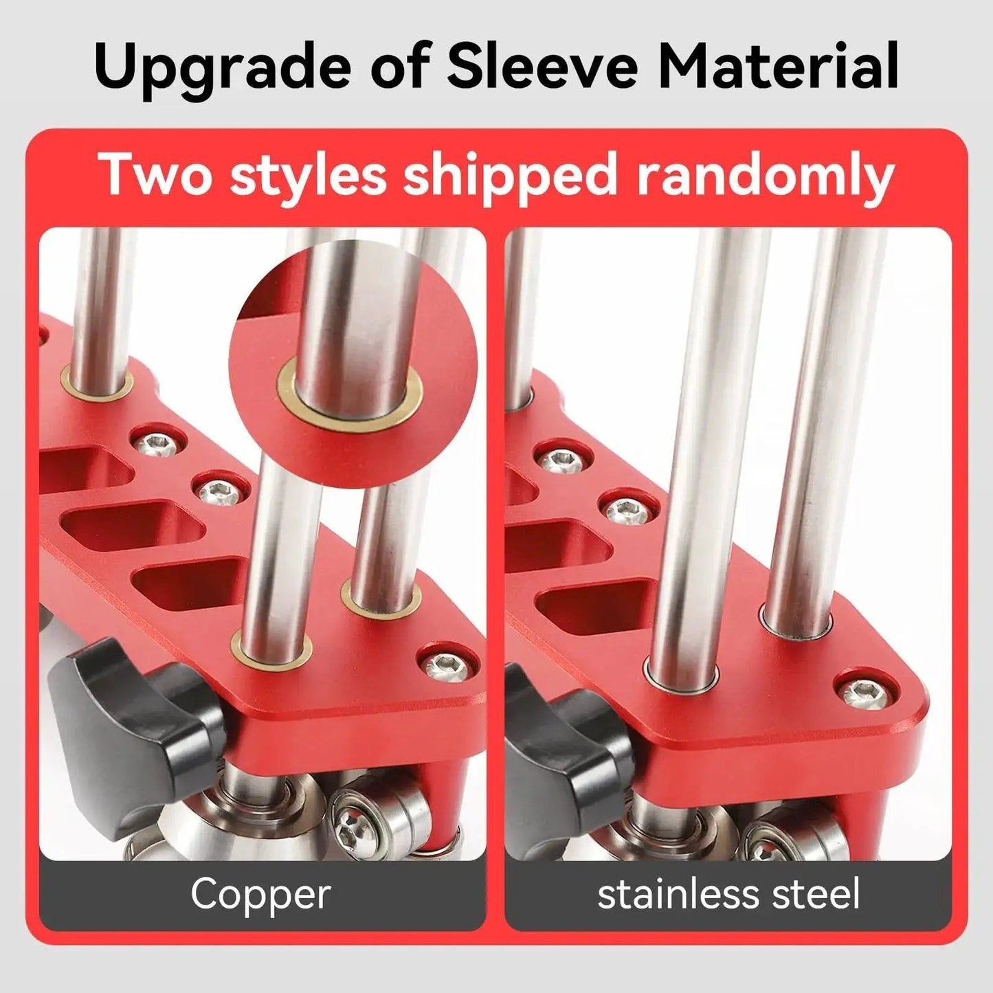 Close-up view of sheet metal roller with copper and stainless steel sleeve options on red metal frame for roofing.