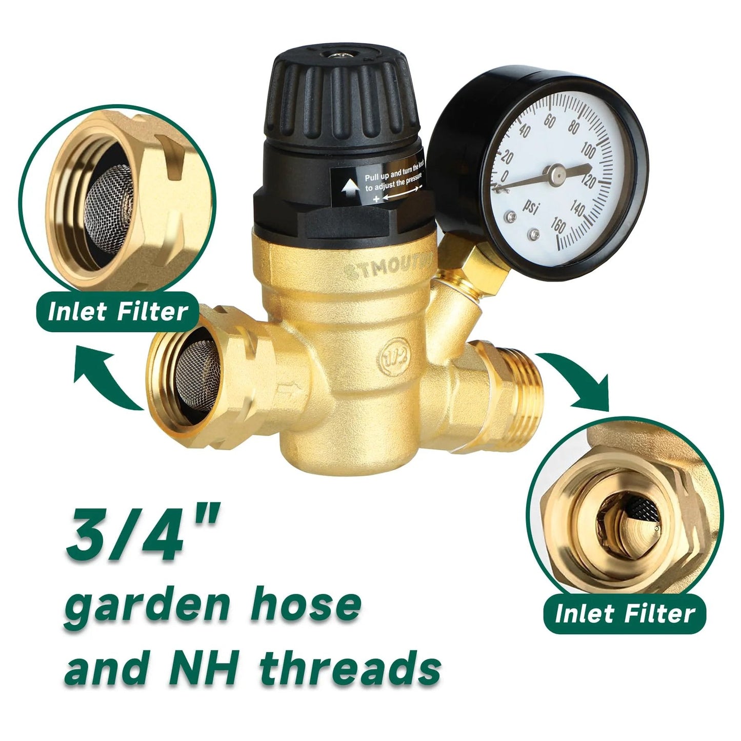 Brass Lead Free RV Water Pressure Regulator For Camper With 0-160 PSI Adjustable Gauge Built In Filter Easy Install Reducer Valve And Pipe Tape Included Premium Shield For Your RV Plumbing Against High Water Pressure.