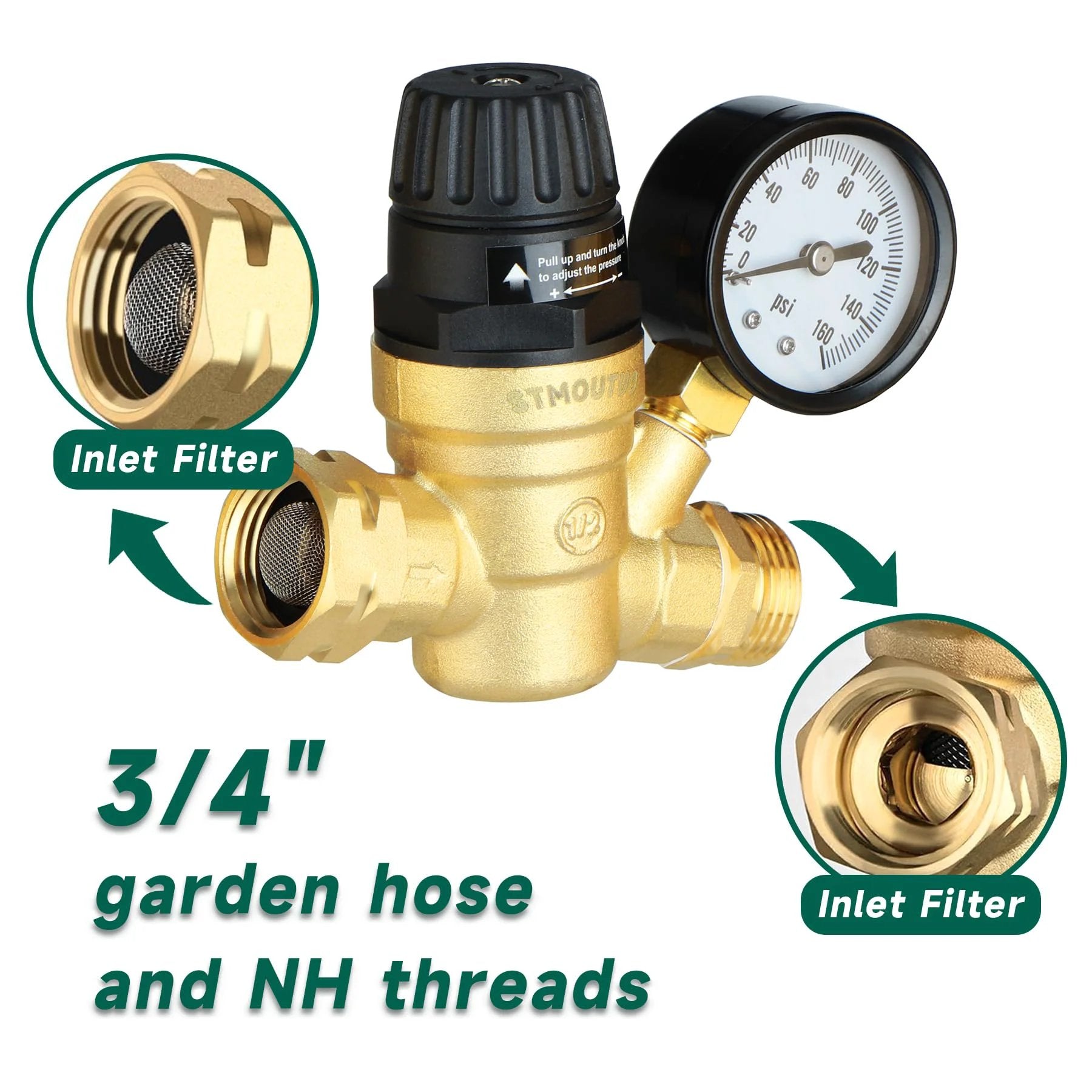 Brass Lead Free RV Water Pressure Regulator For Camper With 0-160 PSI Adjustable Gauge Built In Filter Easy Install Reducer Valve And Pipe Tape Included Premium Shield For Your RV Plumbing Against High Water Pressure.