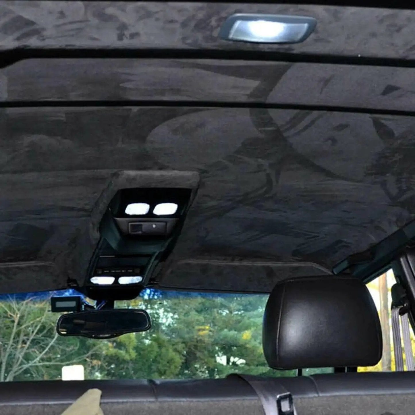 Interior view of car showing installed Black Suede Headliner Fabric With Foam Backing 79x60 Inches For Auto DIY.