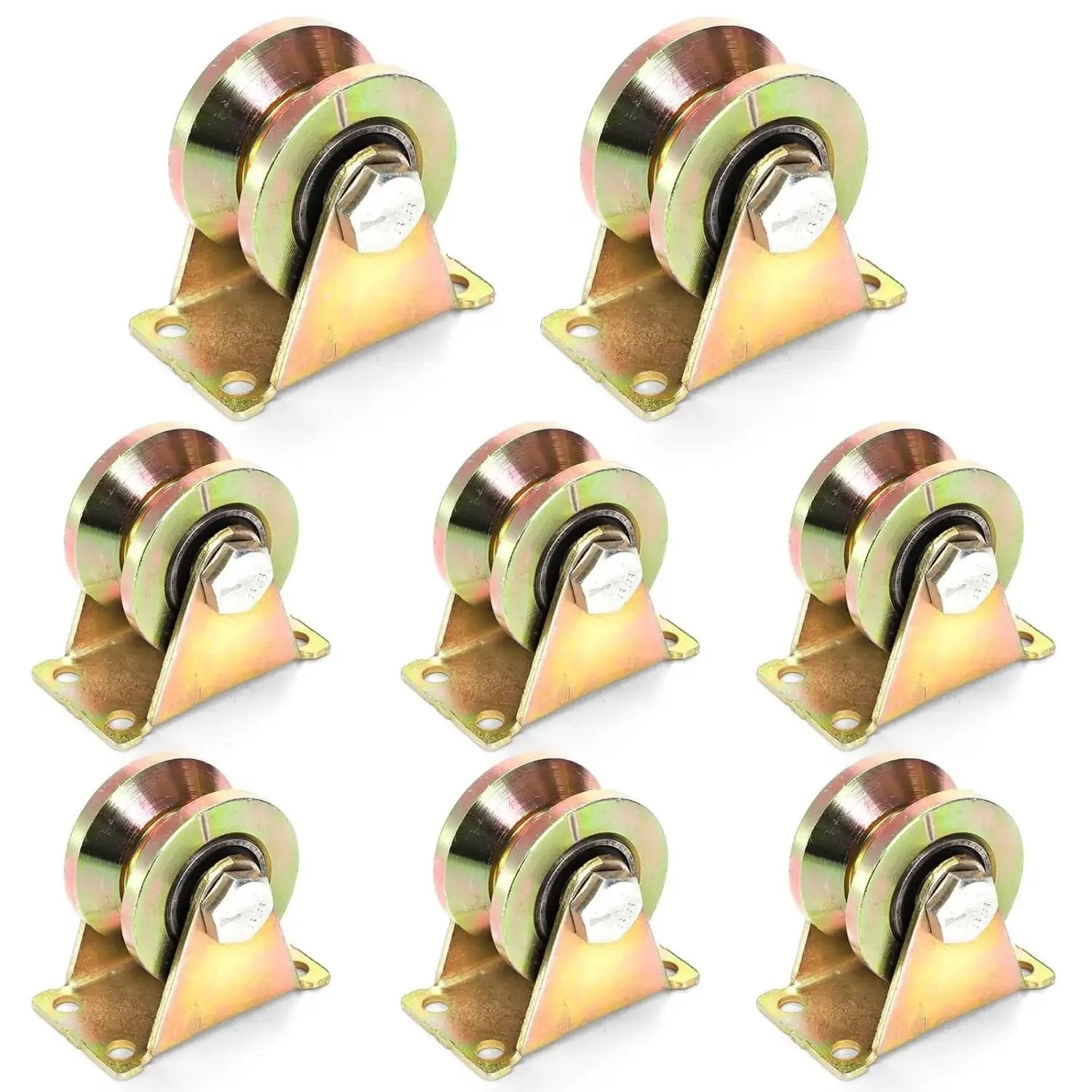 Eight Pack Beefy 2 Inch V Groove Wheel Casters, Heavy Duty Rigid V Shape Bracket Roller For Sliding Gates And Industrial Rails