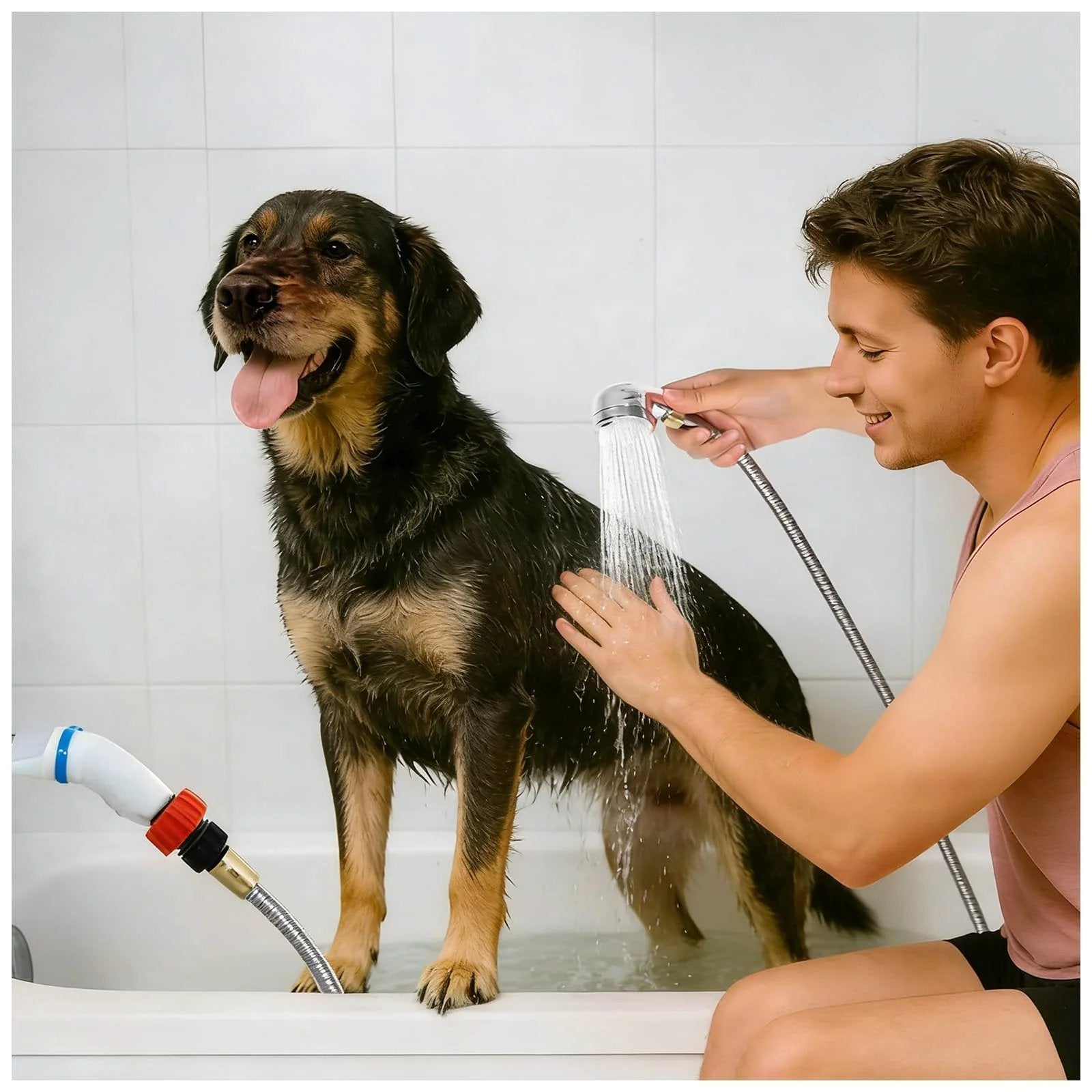 Man using Sink Hose Attachment Portable Faucet Sprayer For Dog Bathing And Outdoor Cleaning On The Go With Tool Free Quick Connect Dual Size Adaptable Heads