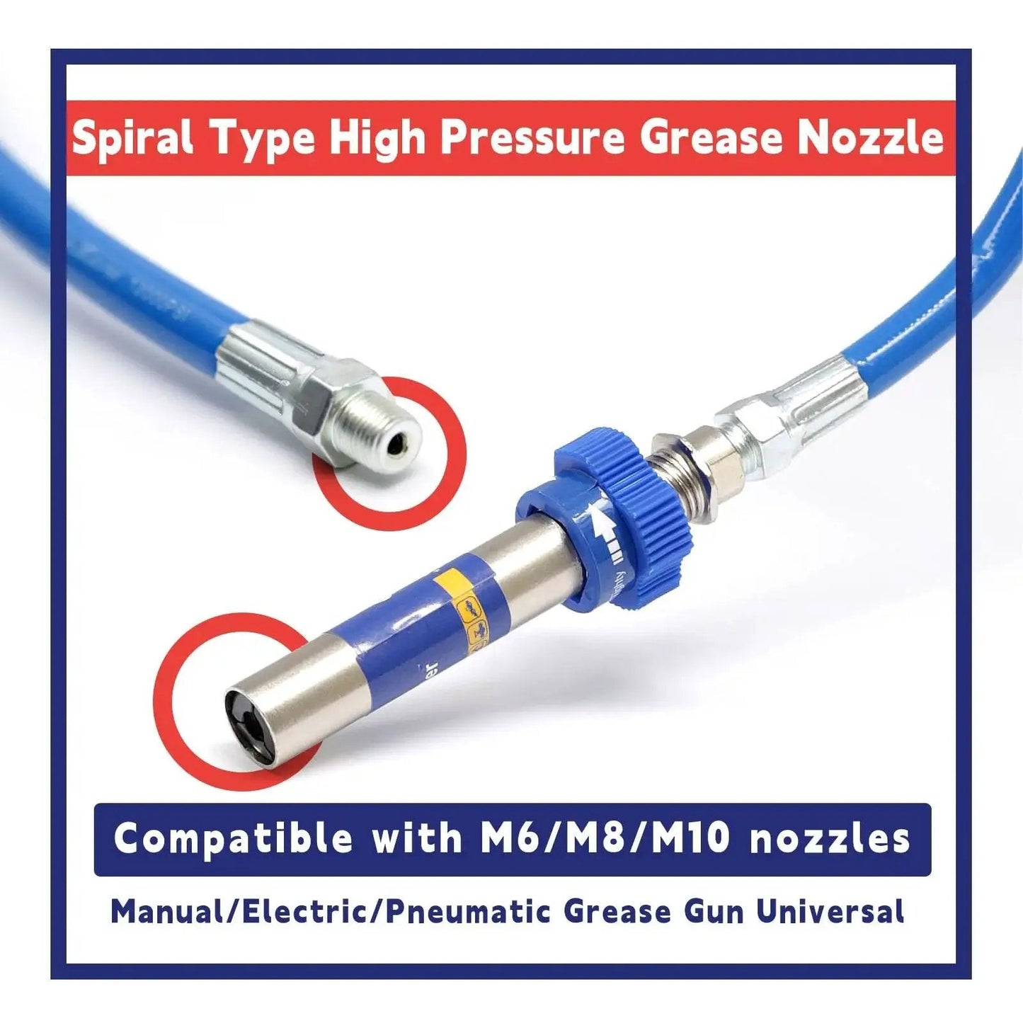 Spiral Type High Pressure Grease Nozzle compatible with M6/M8/M10 nozzles, suitable for manual, electric, pneumatic grease guns.