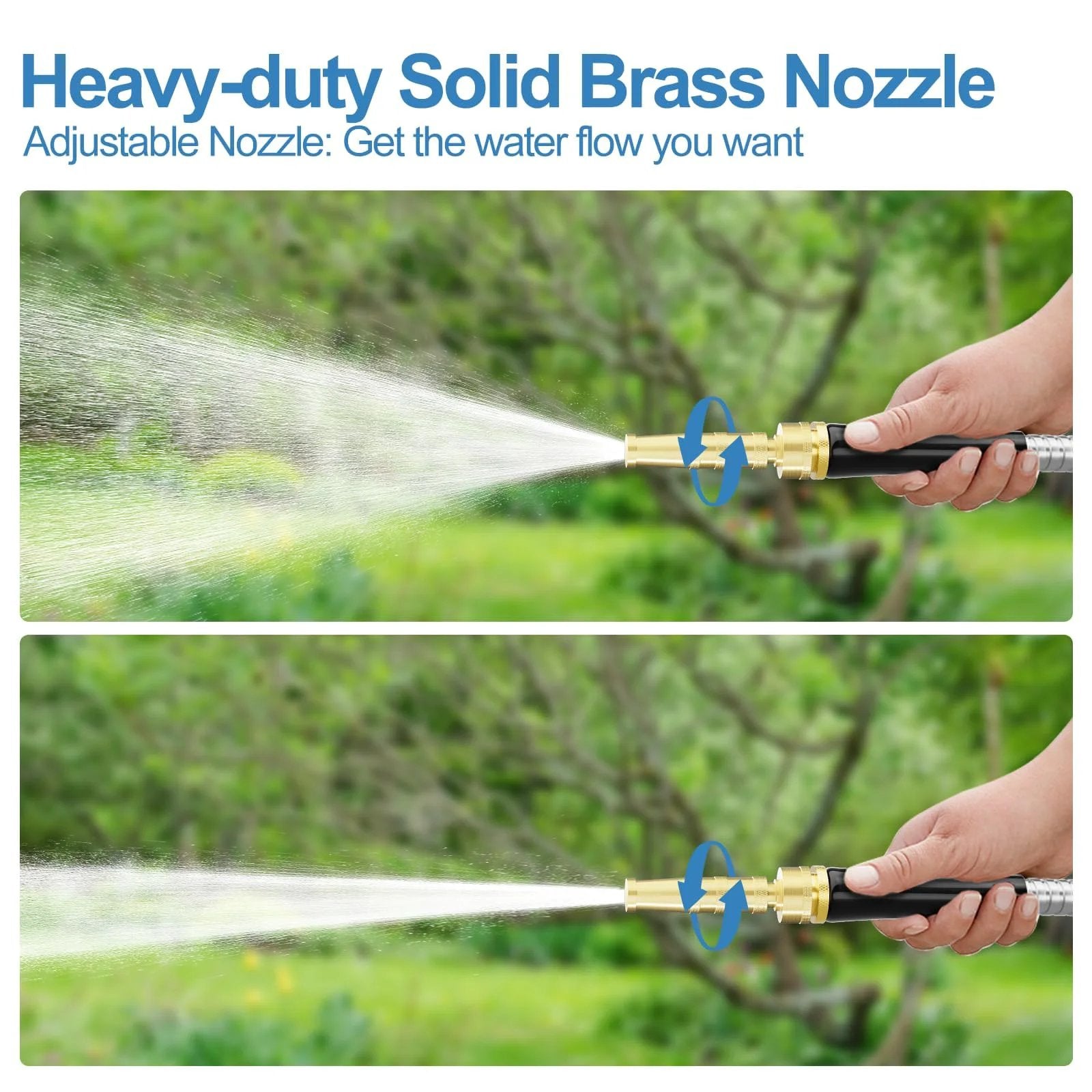 Person adjusting heavy-duty brass nozzle on Durable 50 Foot 304 Stainless Steel Garden Hose With Solid Brass Connectors And Rubber Grip Flexible Metal Water Hose No Expandable For Yard And Outdoor Use No Hassle Setup For Leak Free Rinsing.